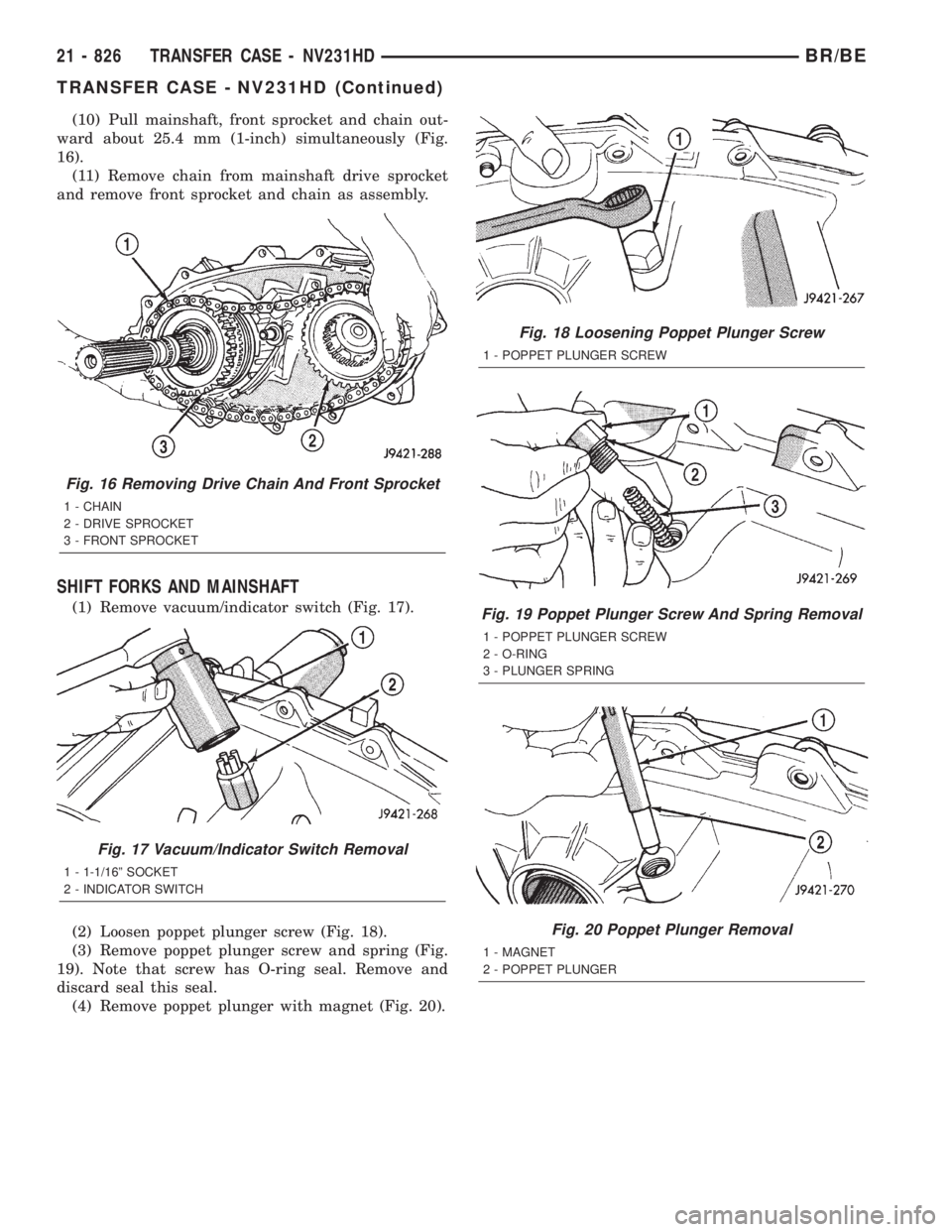 DODGE RAM 2001 Service Repair Manual (10) Pull mainshaft, front sprocket and chain out-
ward about 25.4 mm (1-inch) simultaneously (Fig.
16).
(11) Remove chain from mainshaft drive sprocket
and remove front sprocket and chain as assembly DODGE RAM 2001 Service Repair Manual (10) Pull mainshaft, front sprocket and chain out-
ward about 25.4 mm (1-inch) simultaneously (Fig.
16).
(11) Remove chain from mainshaft drive sprocket
and remove front sprocket and chain as assembly