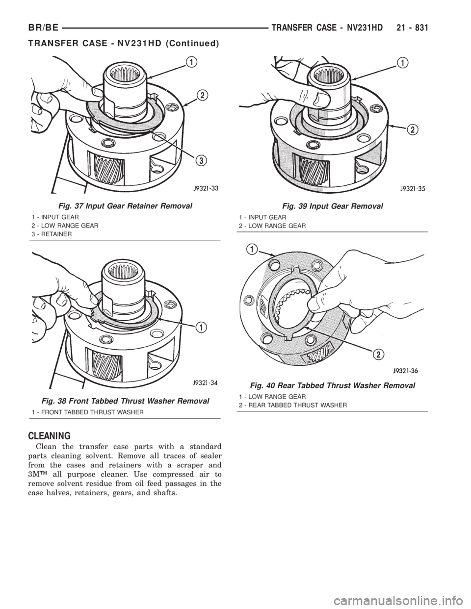 DODGE RAM 2001 Service Repair Manual CLEANING
Clean the transfer case parts with a standard
parts cleaning solvent. Remove all traces of sealer
from the cases and retainers with a scraper and
3MŸ all purpose cleaner. Use compressed air DODGE RAM 2001 Service Repair Manual CLEANING
Clean the transfer case parts with a standard
parts cleaning solvent. Remove all traces of sealer
from the cases and retainers with a scraper and
3MŸ all purpose cleaner. Use compressed air