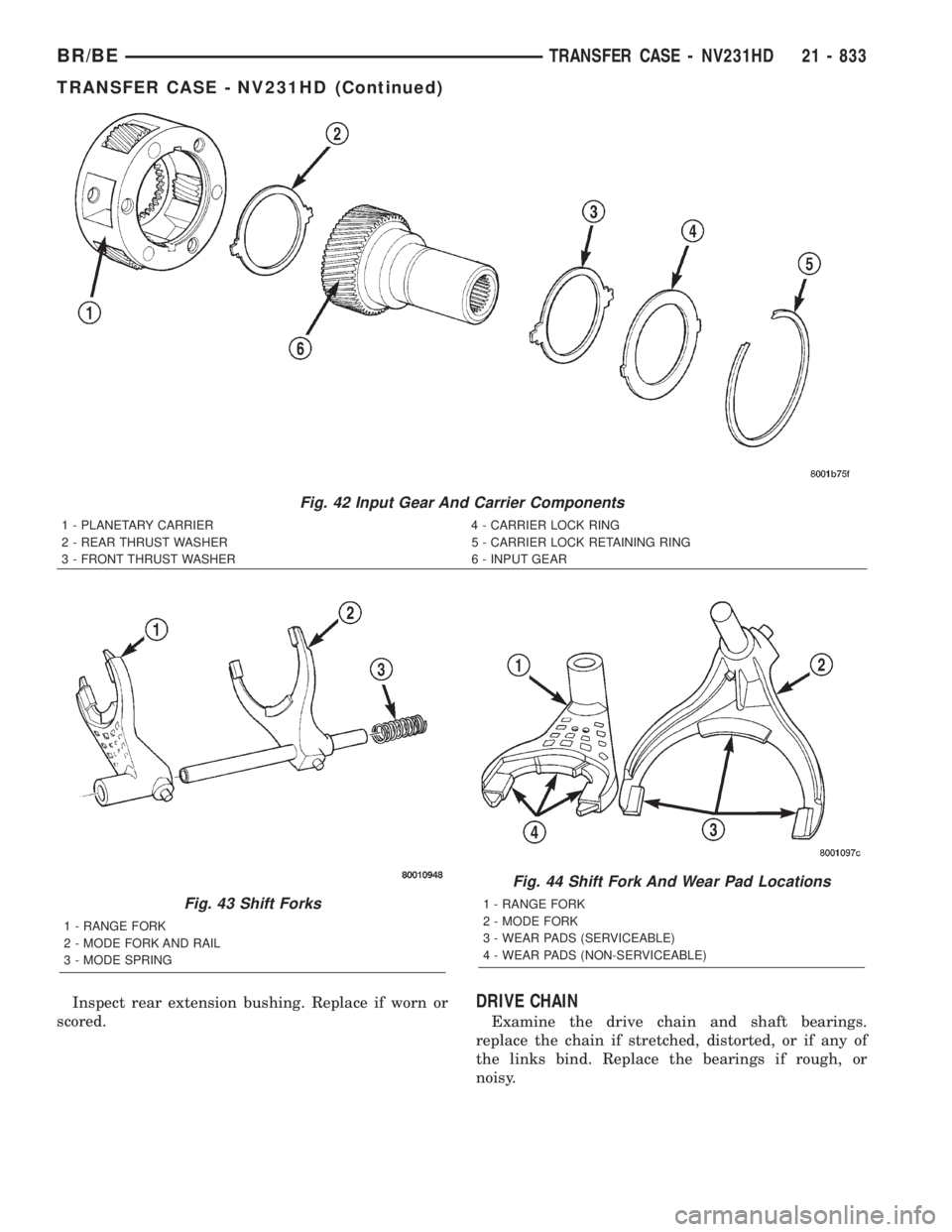 DODGE RAM 2001 Service Repair Manual Inspect rear extension bushing. Replace if worn or
scored.DRIVE CHAIN
Examine the drive chain and shaft bearings.
replace the chain if stretched, distorted, or if any of
the links bind. Replace the be DODGE RAM 2001 Service Repair Manual Inspect rear extension bushing. Replace if worn or
scored.DRIVE CHAIN
Examine the drive chain and shaft bearings.
replace the chain if stretched, distorted, or if any of
the links bind. Replace the be