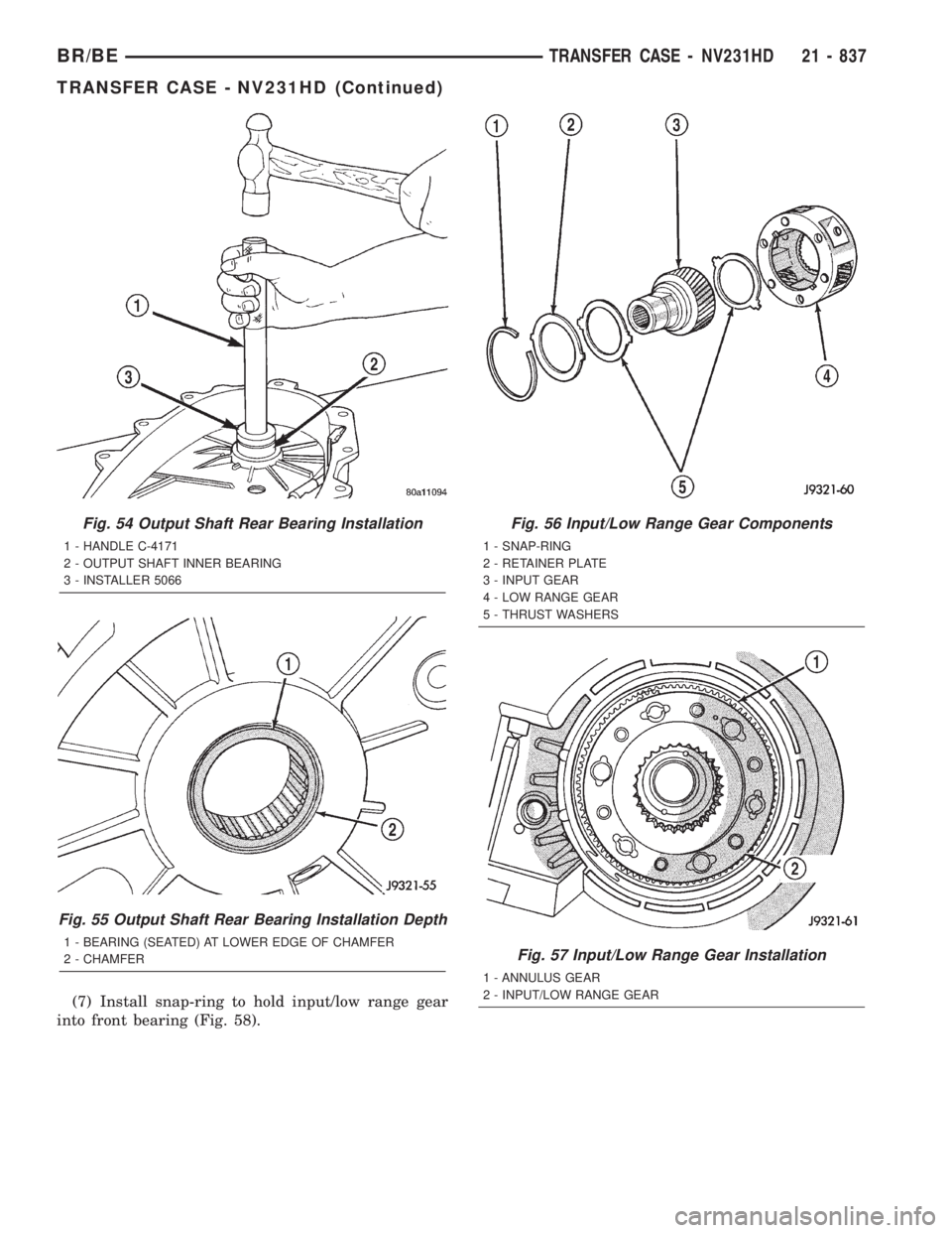 DODGE RAM 2001 Service Repair Manual (7) Install snap-ring to hold input/low range gear
into front bearing (Fig. 58).
Fig. 54 Output Shaft Rear Bearing Installation
1 - HANDLE C-4171
2 - OUTPUT SHAFT INNER BEARING
3 - INSTALLER 5066
Fig. DODGE RAM 2001 Service Repair Manual (7) Install snap-ring to hold input/low range gear
into front bearing (Fig. 58).
Fig. 54 Output Shaft Rear Bearing Installation
1 - HANDLE C-4171
2 - OUTPUT SHAFT INNER BEARING
3 - INSTALLER 5066
Fig.