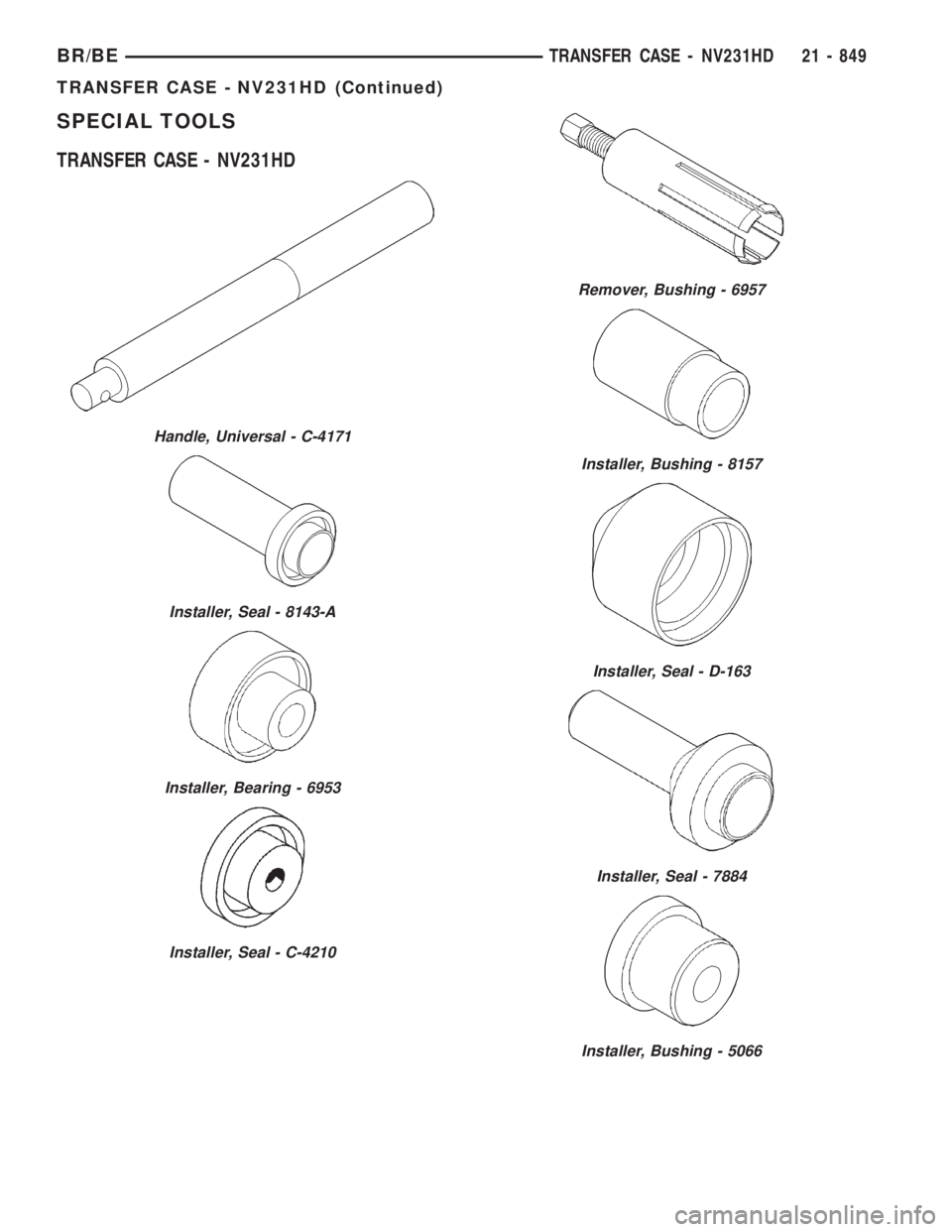 DODGE RAM 2001 Service Repair Manual SPECIAL TOOLS
TRANSFER CASE - NV231HD
Handle, Universal - C-4171
Installer, Seal - 8143-A
Installer, Bearing - 6953
Installer, Seal - C-4210
Remover, Bushing - 6957
Installer, Bushing - 8157
Installer DODGE RAM 2001 Service Repair Manual SPECIAL TOOLS
TRANSFER CASE - NV231HD
Handle, Universal - C-4171
Installer, Seal - 8143-A
Installer, Bearing - 6953
Installer, Seal - C-4210
Remover, Bushing - 6957
Installer, Bushing - 8157
Installer