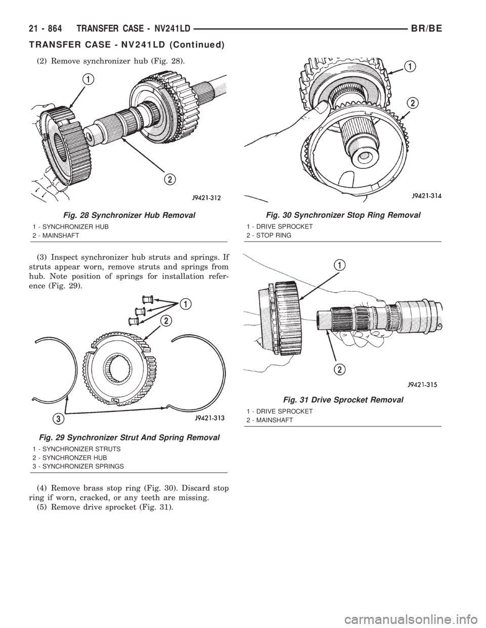 DODGE RAM 2001 Service Repair Manual (2) Remove synchronizer hub (Fig. 28).
(3) Inspect synchronizer hub struts and springs. If
struts appear worn, remove struts and springs from
hub. Note position of springs for installation refer-
ence DODGE RAM 2001 Service Repair Manual (2) Remove synchronizer hub (Fig. 28).
(3) Inspect synchronizer hub struts and springs. If
struts appear worn, remove struts and springs from
hub. Note position of springs for installation refer-
ence