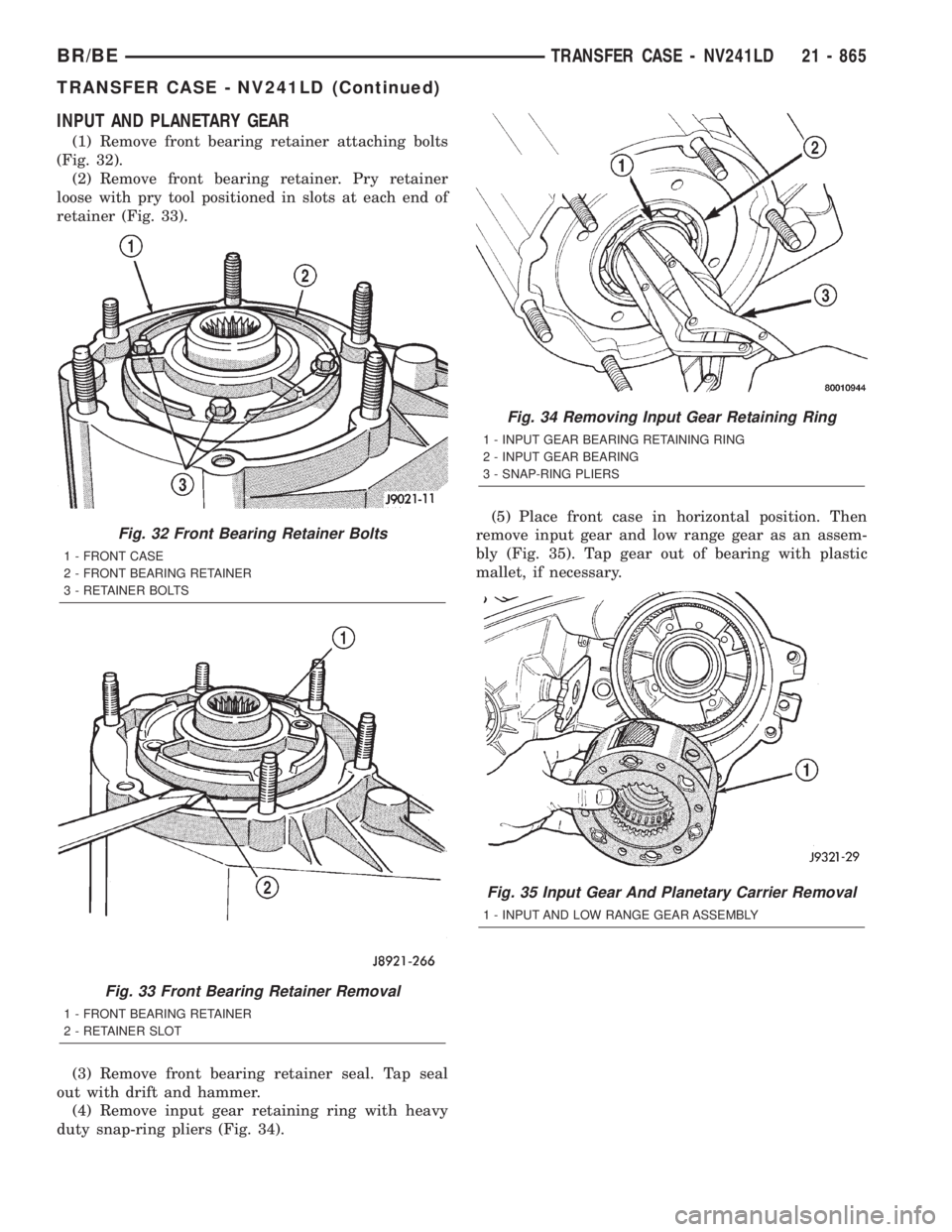 DODGE RAM 2001 Service Repair Manual INPUT AND PLANETARY GEAR
(1) Remove front bearing retainer attaching bolts
(Fig. 32).
(2) Remove front bearing retainer. Pry retainer
loose with pry tool positioned in slots at each end of
retainer (F DODGE RAM 2001 Service Repair Manual INPUT AND PLANETARY GEAR
(1) Remove front bearing retainer attaching bolts
(Fig. 32).
(2) Remove front bearing retainer. Pry retainer
loose with pry tool positioned in slots at each end of
retainer (F