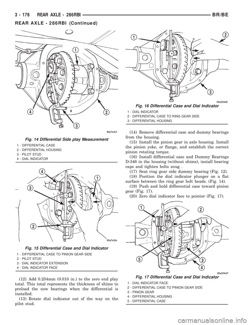 DODGE RAM 2001  Service Repair Manual (12) Add 0.254mm (0.010 in.) to the zero end play
total. This total represents the thickness of shims to
preload the new bearings when the differential is
installed.
(13) Rotate dial indicator out of 
