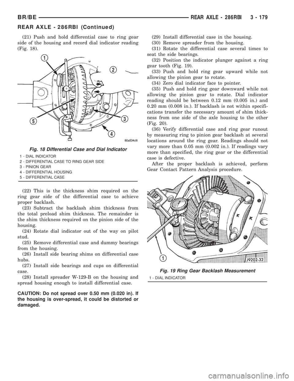 DODGE RAM 2001  Service Repair Manual (21) Push and hold differential case to ring gear
side of the housing and record dial indicator reading
(Fig. 18).
(22) This is the thickness shim required on the
ring gear side of the differential ca