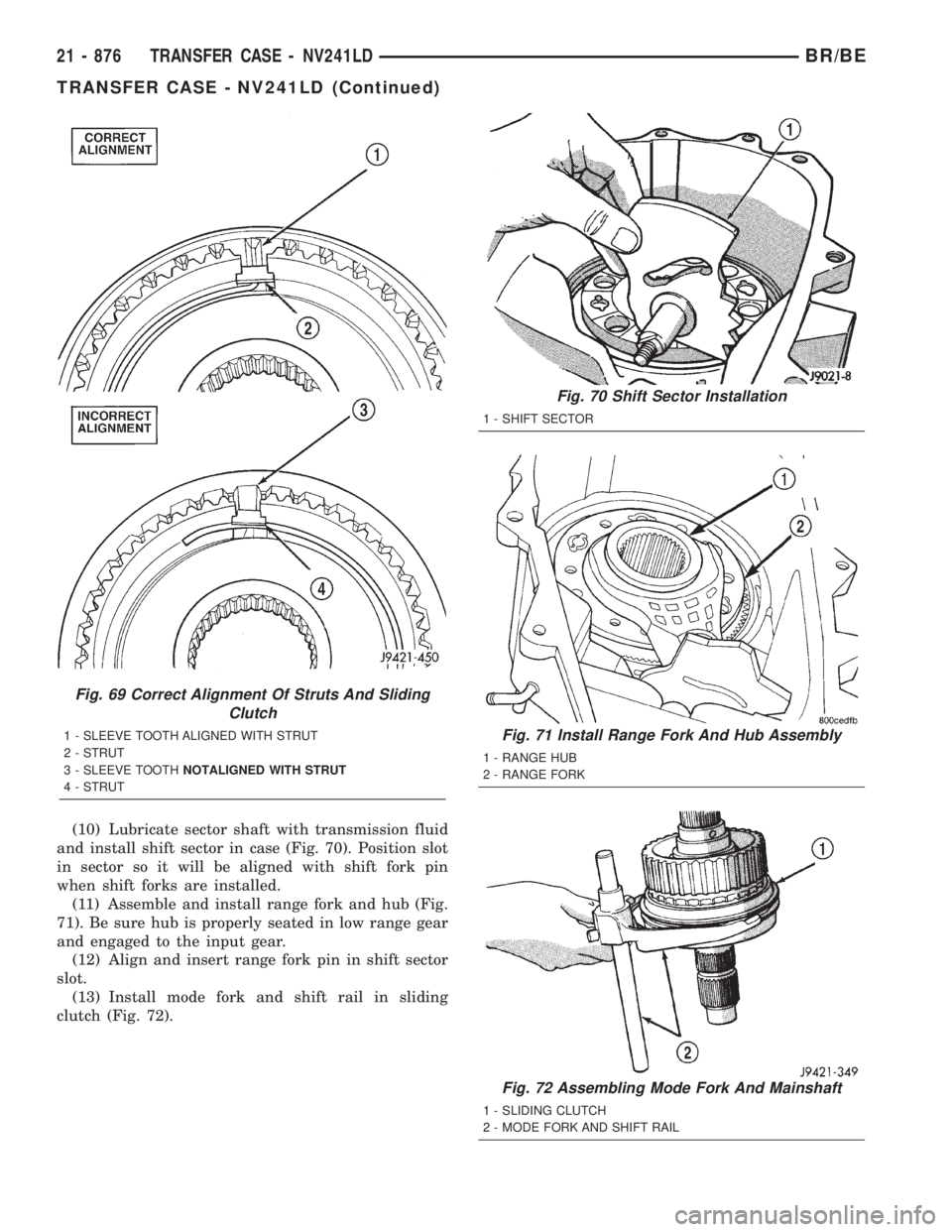 DODGE RAM 2001 Service Repair Manual (10) Lubricate sector shaft with transmission fluid
and install shift sector in case (Fig. 70). Position slot
in sector so it will be aligned with shift fork pin
when shift forks are installed.
(11) A DODGE RAM 2001 Service Repair Manual (10) Lubricate sector shaft with transmission fluid
and install shift sector in case (Fig. 70). Position slot
in sector so it will be aligned with shift fork pin
when shift forks are installed.
(11) A