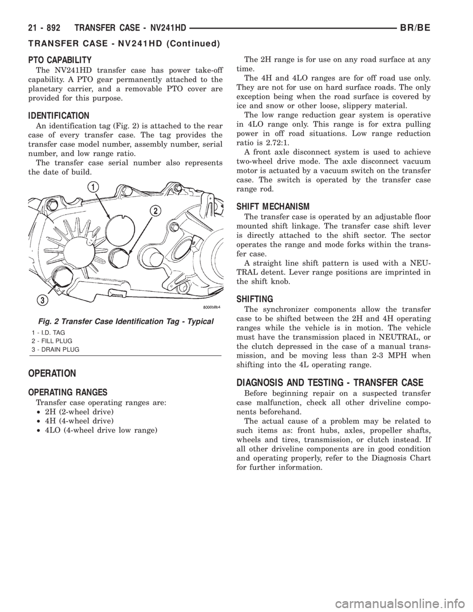 DODGE RAM 2001  Service Repair Manual PTO CAPABILITY
The NV241HD transfer case has power take-off
capability. A PTO gear permanently attached to the
planetary carrier, and a removable PTO cover are
provided for this purpose.
IDENTIFICATIO