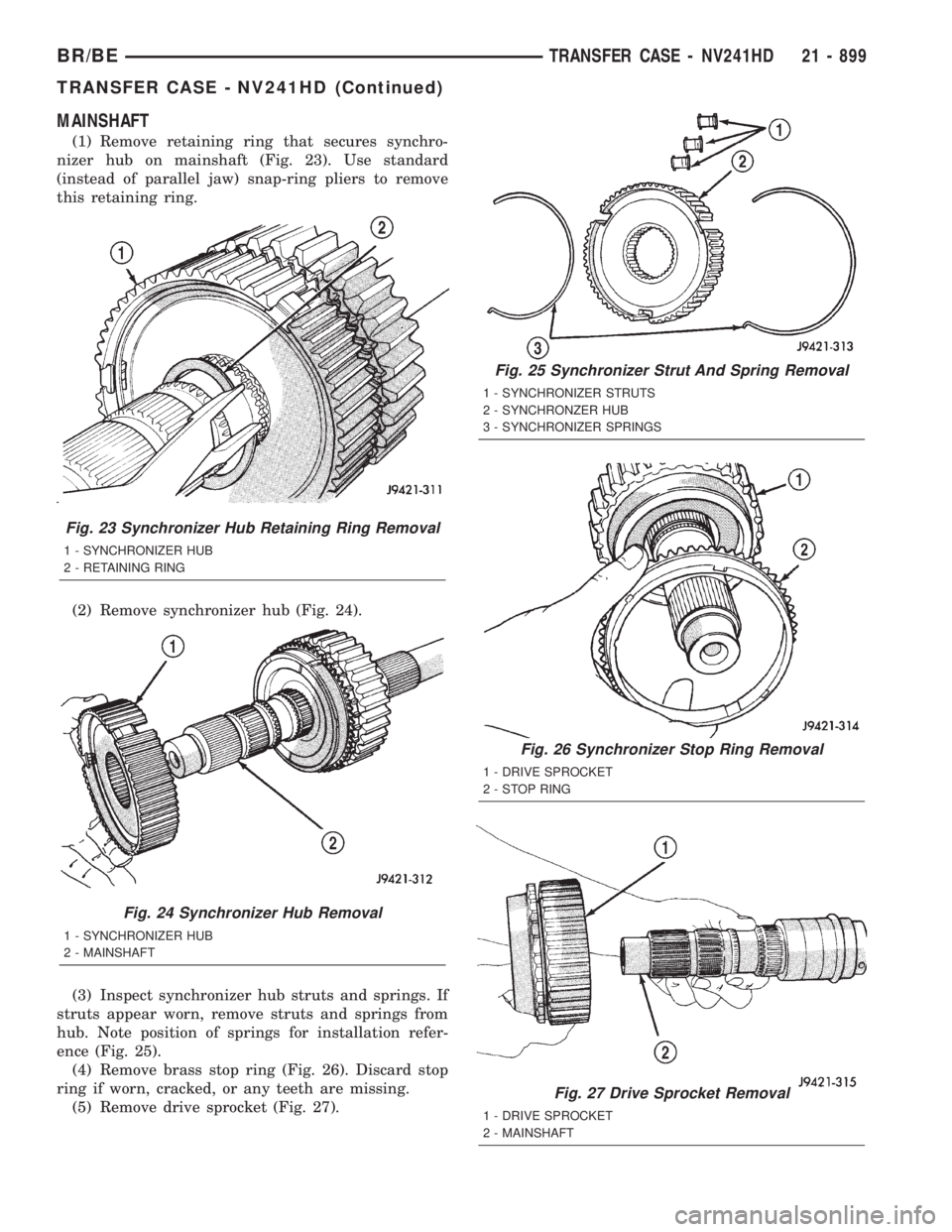 DODGE RAM 2001  Service Repair Manual MAINSHAFT
(1) Remove retaining ring that secures synchro-
nizer hub on mainshaft (Fig. 23). Use standard
(instead of parallel jaw) snap-ring pliers to remove
this retaining ring.
(2) Remove synchroniz