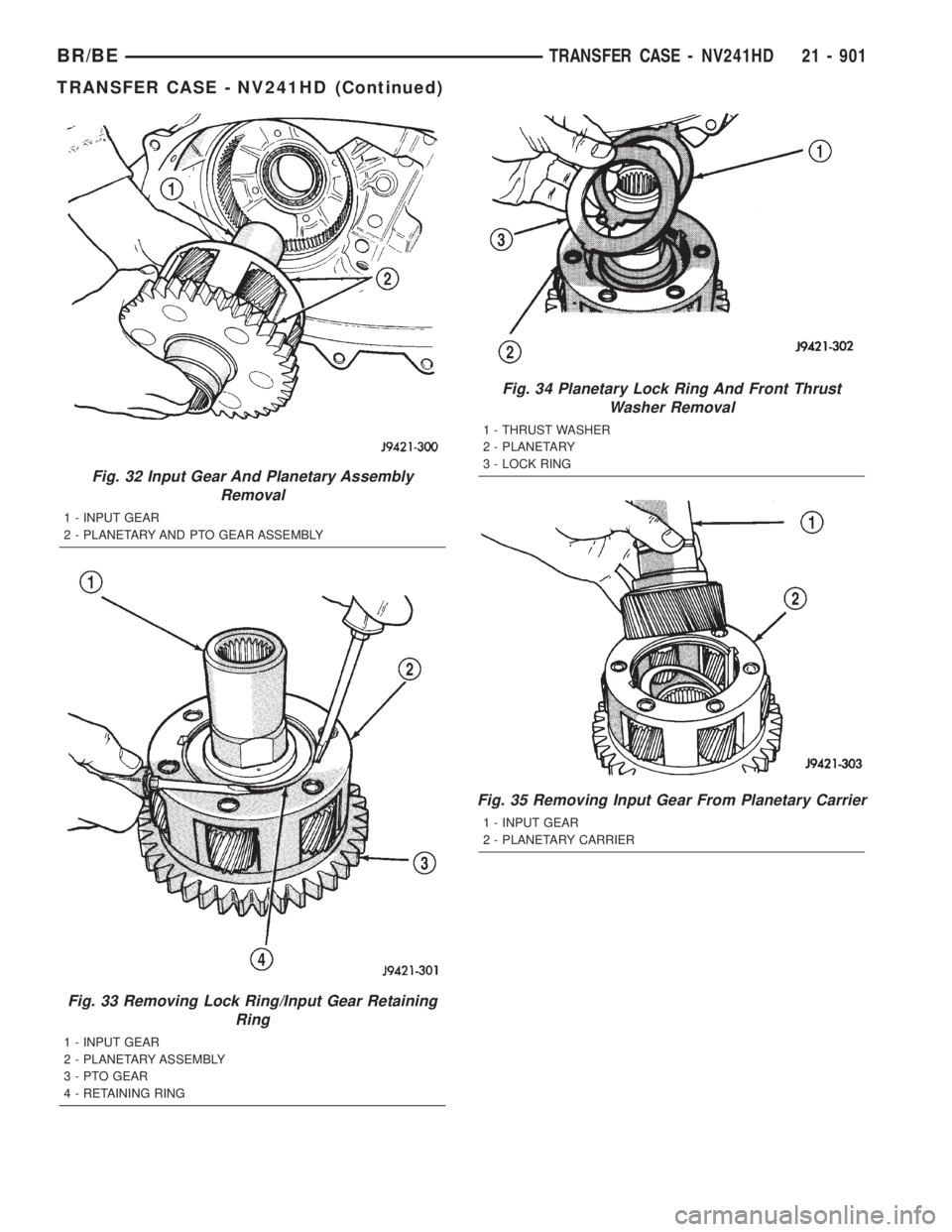 DODGE RAM 2001  Service Repair Manual Fig. 32 Input Gear And Planetary Assembly
Removal
1 - INPUT GEAR
2 - PLANETARY AND PTO GEAR ASSEMBLY
Fig. 33 Removing Lock Ring/Input Gear Retaining
Ring
1 - INPUT GEAR
2 - PLANETARY ASSEMBLY
3 - PTO 