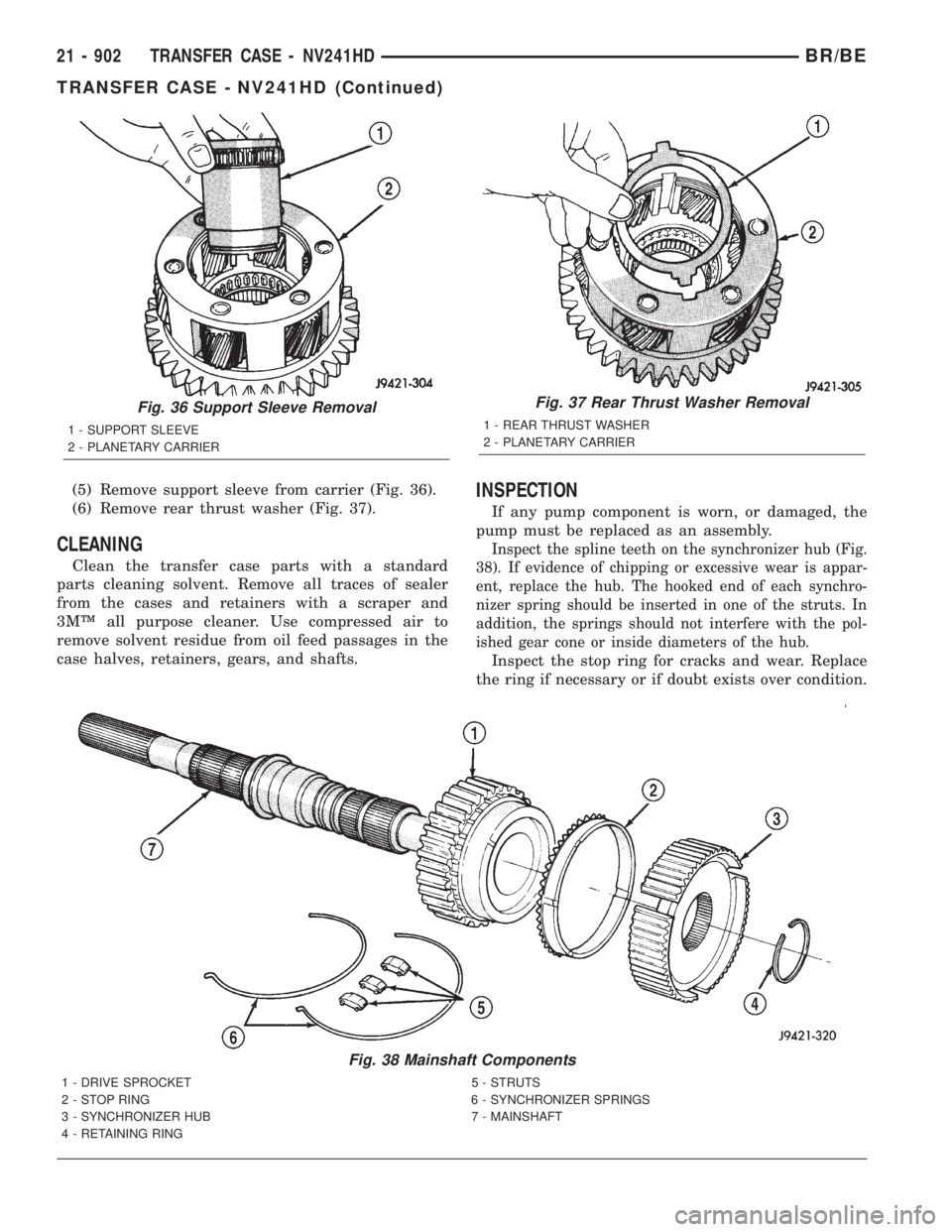 DODGE RAM 2001  Service Repair Manual (5) Remove support sleeve from carrier (Fig. 36).
(6) Remove rear thrust washer (Fig. 37).
CLEANING
Clean the transfer case parts with a standard
parts cleaning solvent. Remove all traces of sealer
fr