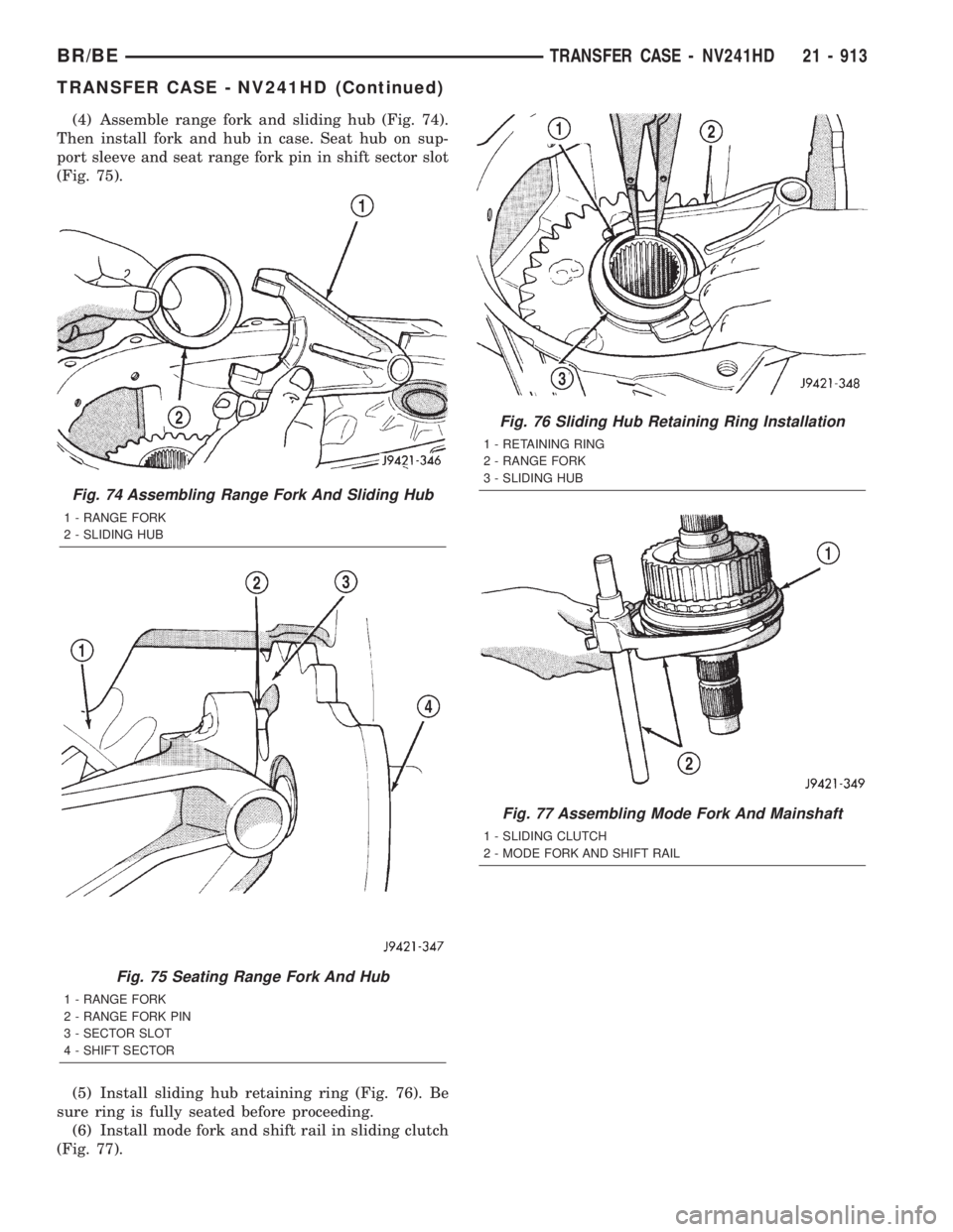DODGE RAM 2001  Service Repair Manual (4) Assemble range fork and sliding hub (Fig. 74).
Then install fork and hub in case. Seat hub on sup-
port sleeve and seat range fork pin in shift sector slot
(Fig. 75).
(5) Install sliding hub retai