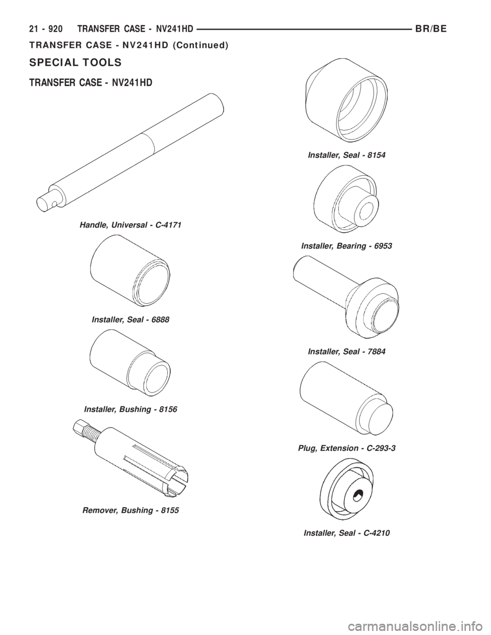 DODGE RAM 2001 Service Repair Manual SPECIAL TOOLS
TRANSFER CASE - NV241HD
Handle, Universal - C-4171
Installer, Seal - 6888
Installer, Bushing - 8156
Remover, Bushing - 8155
Installer, Seal - 8154
Installer, Bearing - 6953
Installer, Se DODGE RAM 2001 Service Repair Manual SPECIAL TOOLS
TRANSFER CASE - NV241HD
Handle, Universal - C-4171
Installer, Seal - 6888
Installer, Bushing - 8156
Remover, Bushing - 8155
Installer, Seal - 8154
Installer, Bearing - 6953
Installer, Se