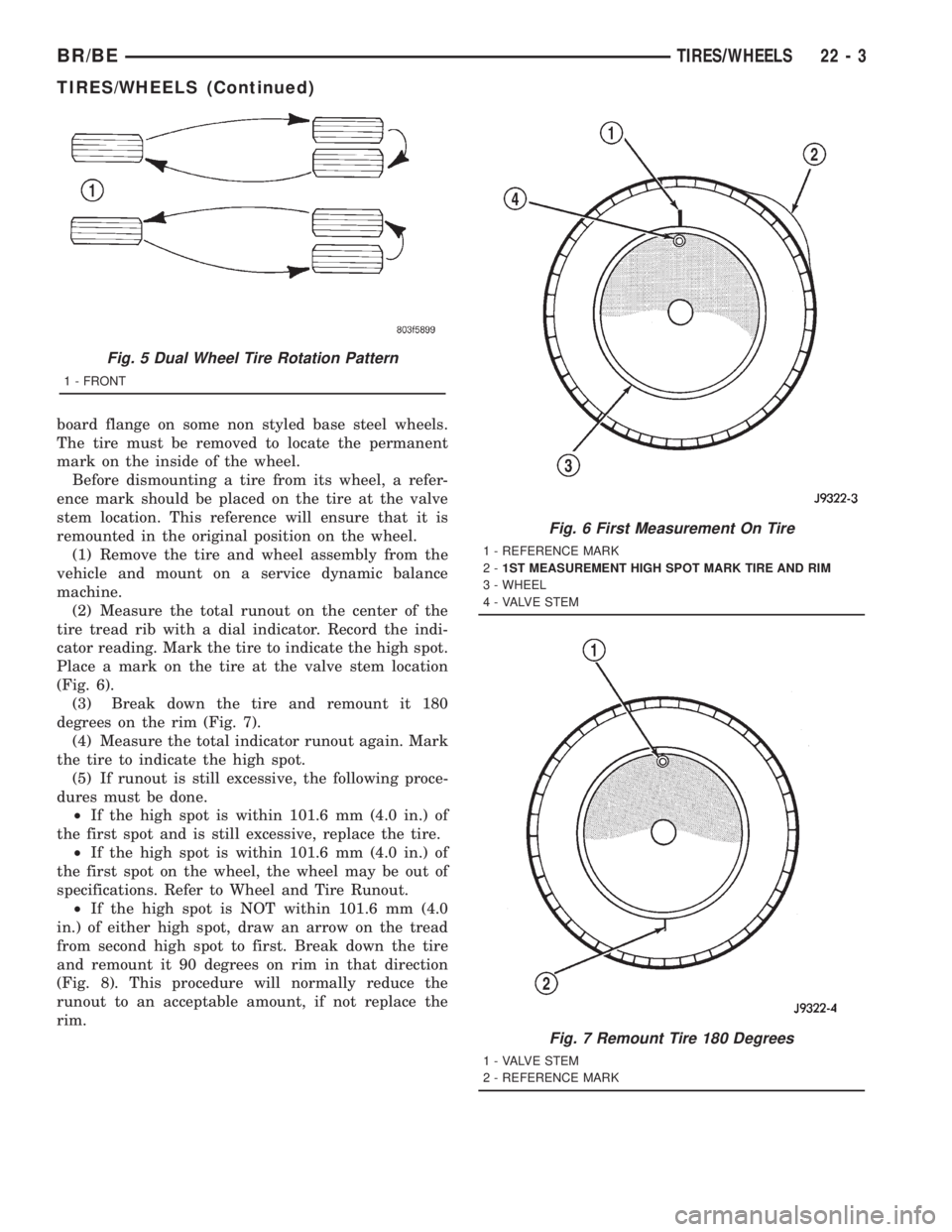 DODGE RAM 2001  Service Repair Manual board flange on some non styled base steel wheels.
The tire must be removed to locate the permanent
mark on the inside of the wheel.
Before dismounting a tire from its wheel, a refer-
ence mark should
