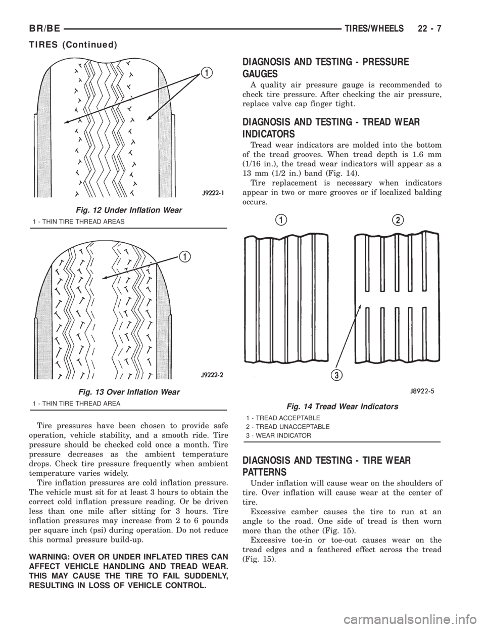 DODGE RAM 2001  Service Repair Manual Tire pressures have been chosen to provide safe
operation, vehicle stability, and a smooth ride. Tire
pressure should be checked cold once a month. Tire
pressure decreases as the ambient temperature
d