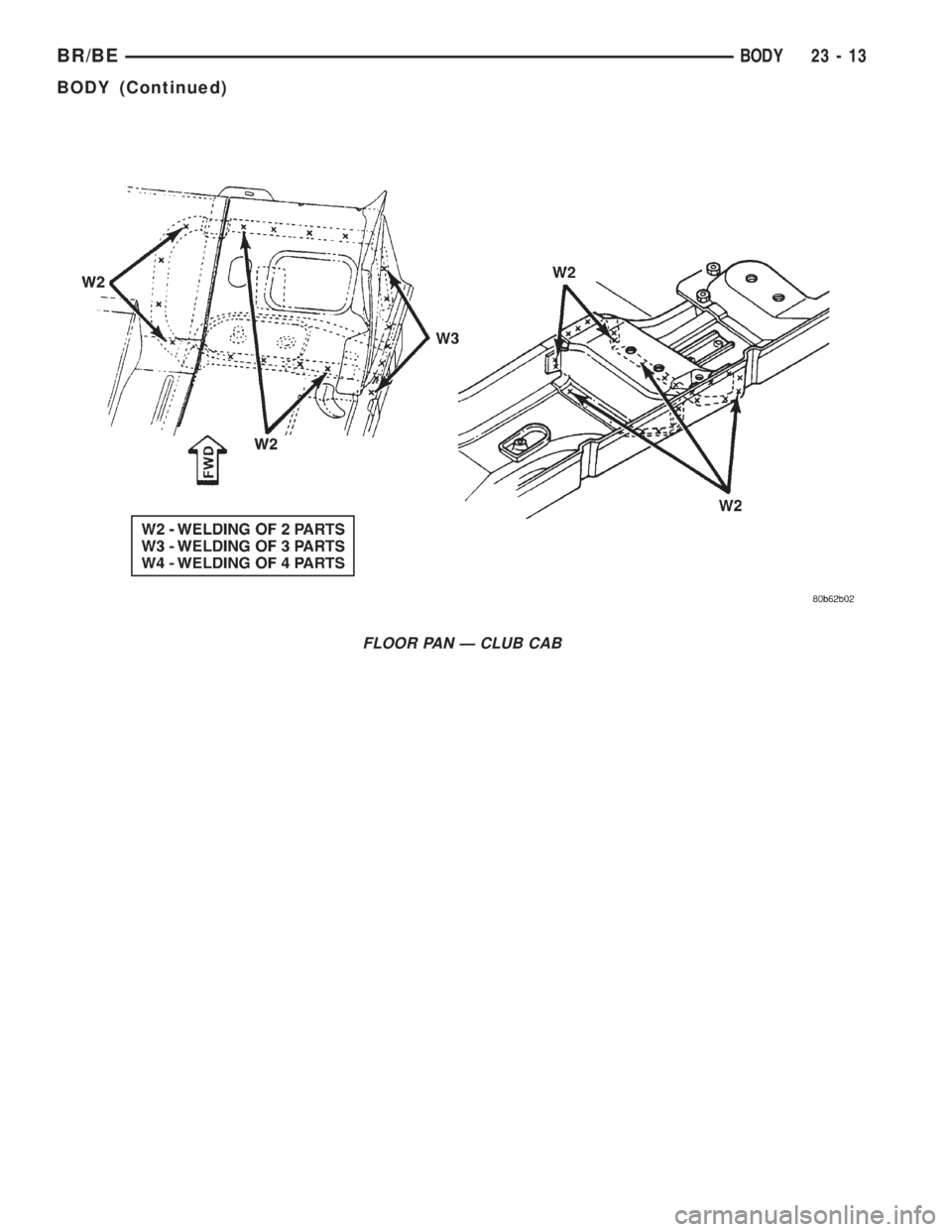 DODGE RAM 2001  Service Repair Manual FLOOR PAN Ð CLUB CAB
BR/BEBODY 23 - 13
BODY (Continued) 