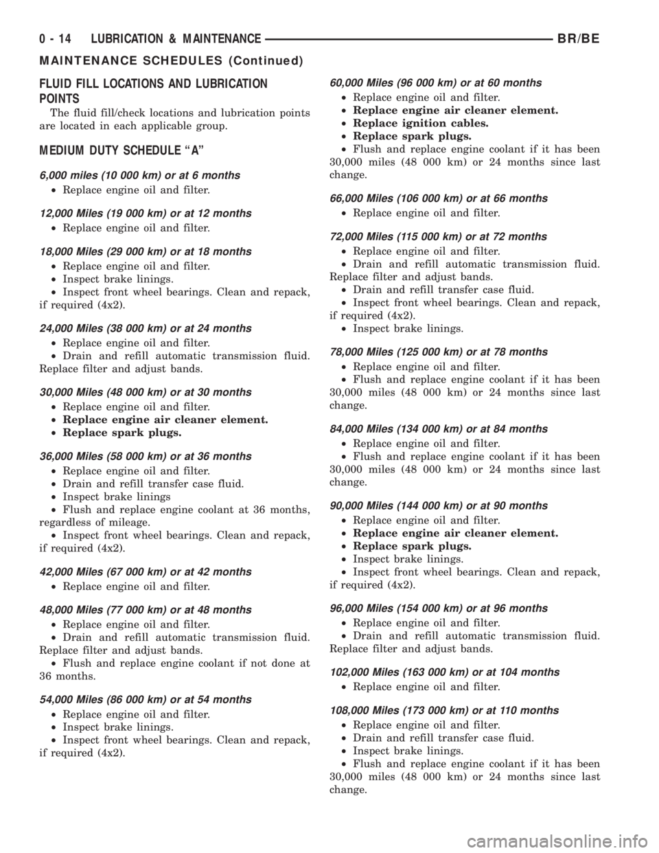 DODGE RAM 2001  Service Owners Manual FLUID FILL LOCATIONS AND LUBRICATION
POINTS
The fluid fill/check locations and lubrication points
are located in each applicable group.
MEDIUM DUTY SCHEDULE ªAº
6,000 miles (10 000 km) or at 6 month
