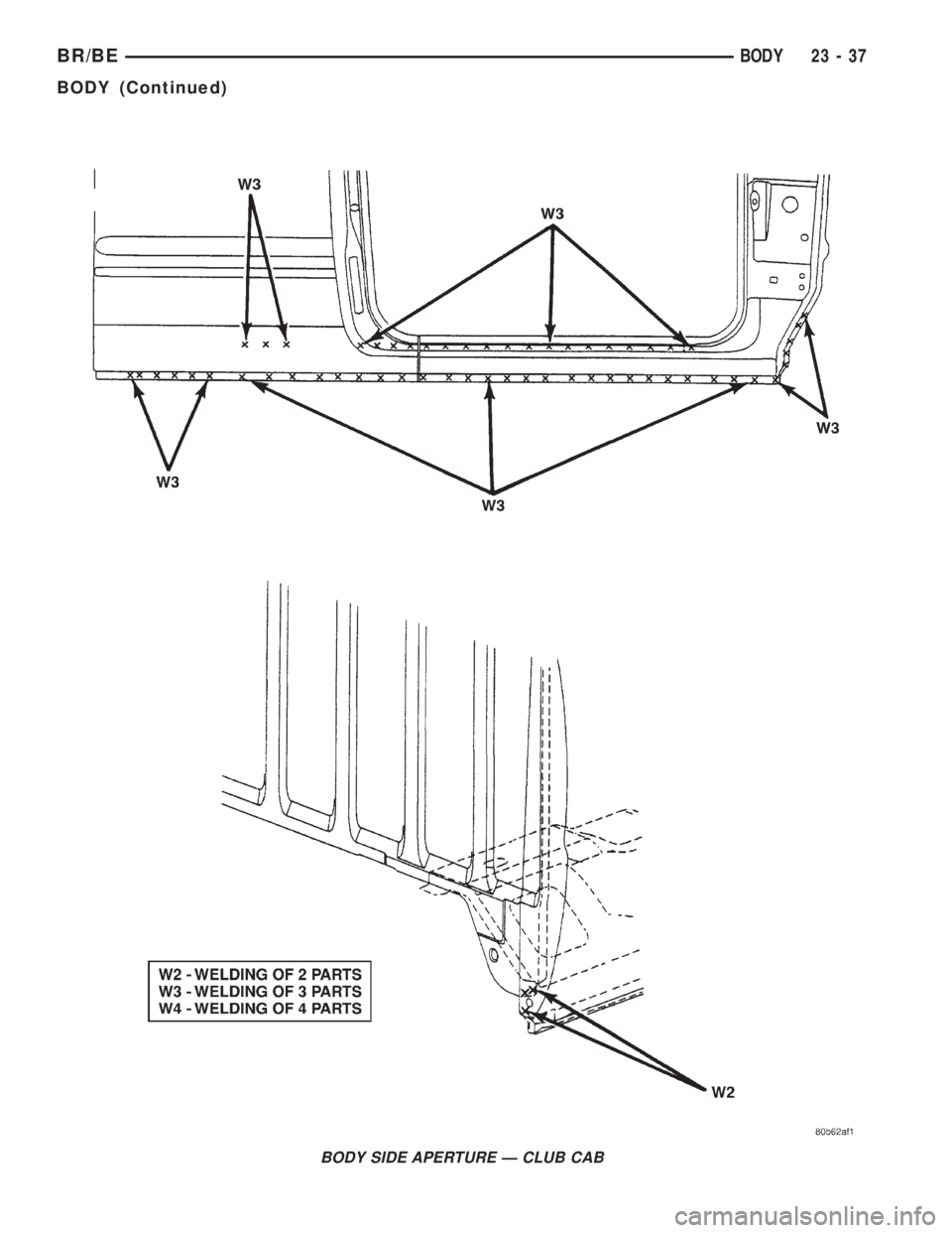 DODGE RAM 2001  Service Repair Manual BODY SIDE APERTURE Ð CLUB CAB
BR/BEBODY 23 - 37
BODY (Continued) 