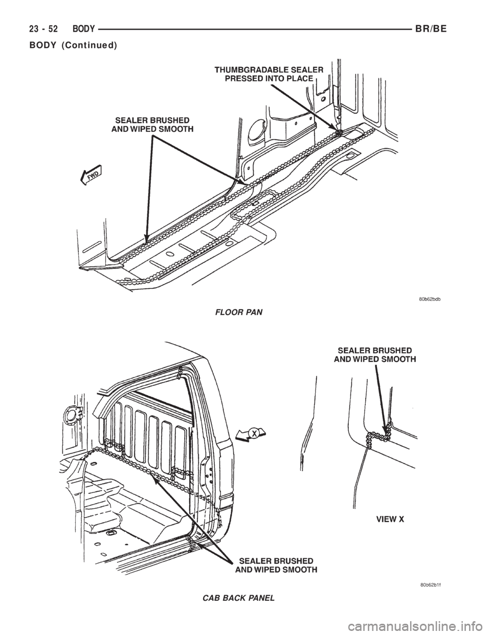 DODGE RAM 2001 Service Repair Manual FLOOR PAN
CAB BACK PANEL
23 - 52 BODYBR/BE
BODY (Continued) DODGE RAM 2001 Service Repair Manual FLOOR PAN
CAB BACK PANEL
23 - 52 BODYBR/BE
BODY (Continued)