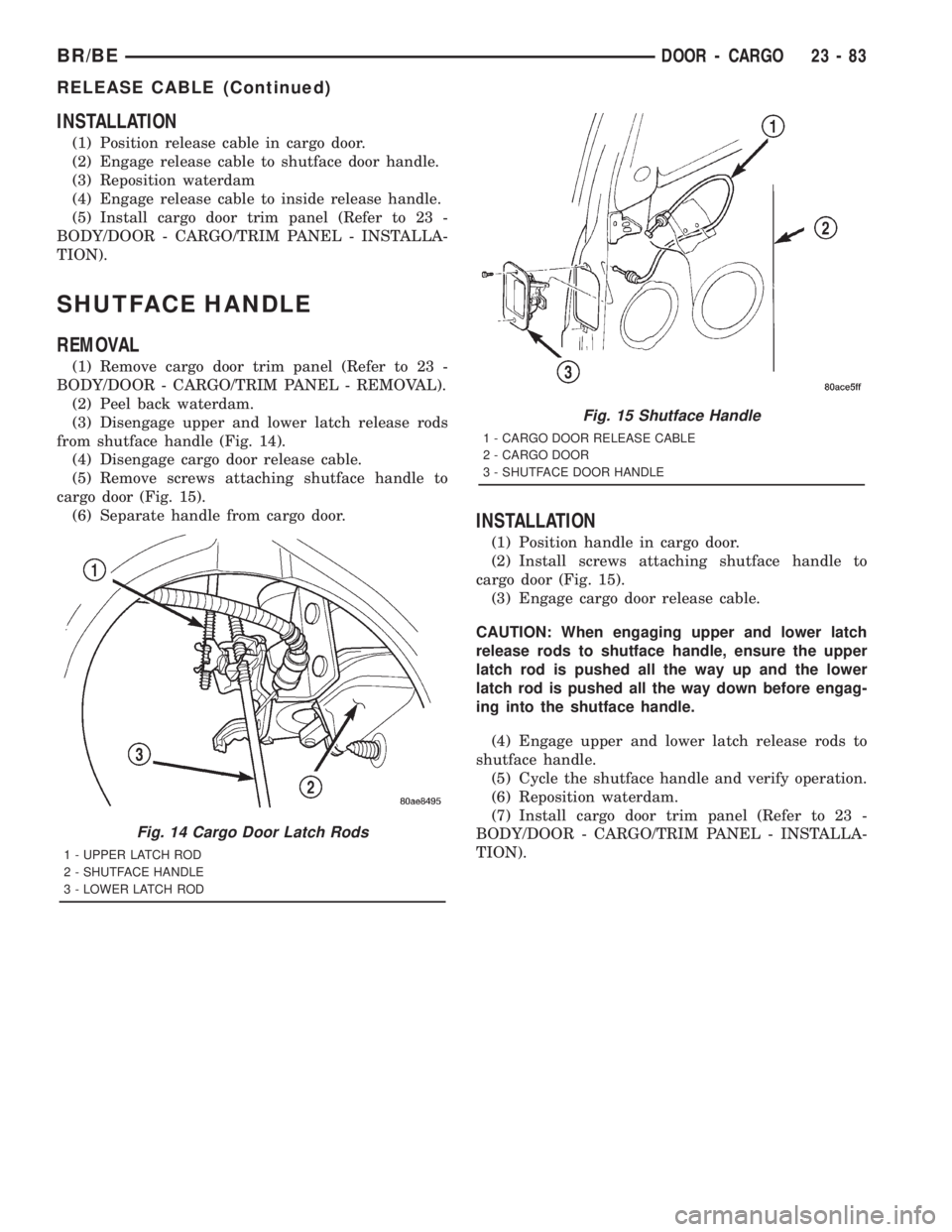 DODGE RAM 2001 Service Repair Manual INSTALLATION
(1) Position release cable in cargo door.
(2) Engage release cable to shutface door handle.
(3) Reposition waterdam
(4) Engage release cable to inside release handle.
(5) Install cargo do DODGE RAM 2001 Service Repair Manual INSTALLATION
(1) Position release cable in cargo door.
(2) Engage release cable to shutface door handle.
(3) Reposition waterdam
(4) Engage release cable to inside release handle.
(5) Install cargo do