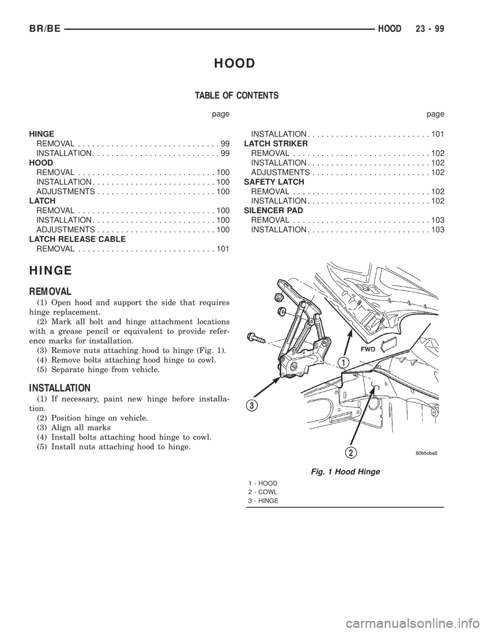DODGE RAM 2001 Service Repair Manual HOOD
TABLE OF CONTENTS
page page
HINGE
REMOVAL..............................99
INSTALLATION...........................99
HOOD
REMOVAL.............................100
INSTALLATION...................... DODGE RAM 2001 Service Repair Manual HOOD
TABLE OF CONTENTS
page page
HINGE
REMOVAL..............................99
INSTALLATION...........................99
HOOD
REMOVAL.............................100
INSTALLATION......................