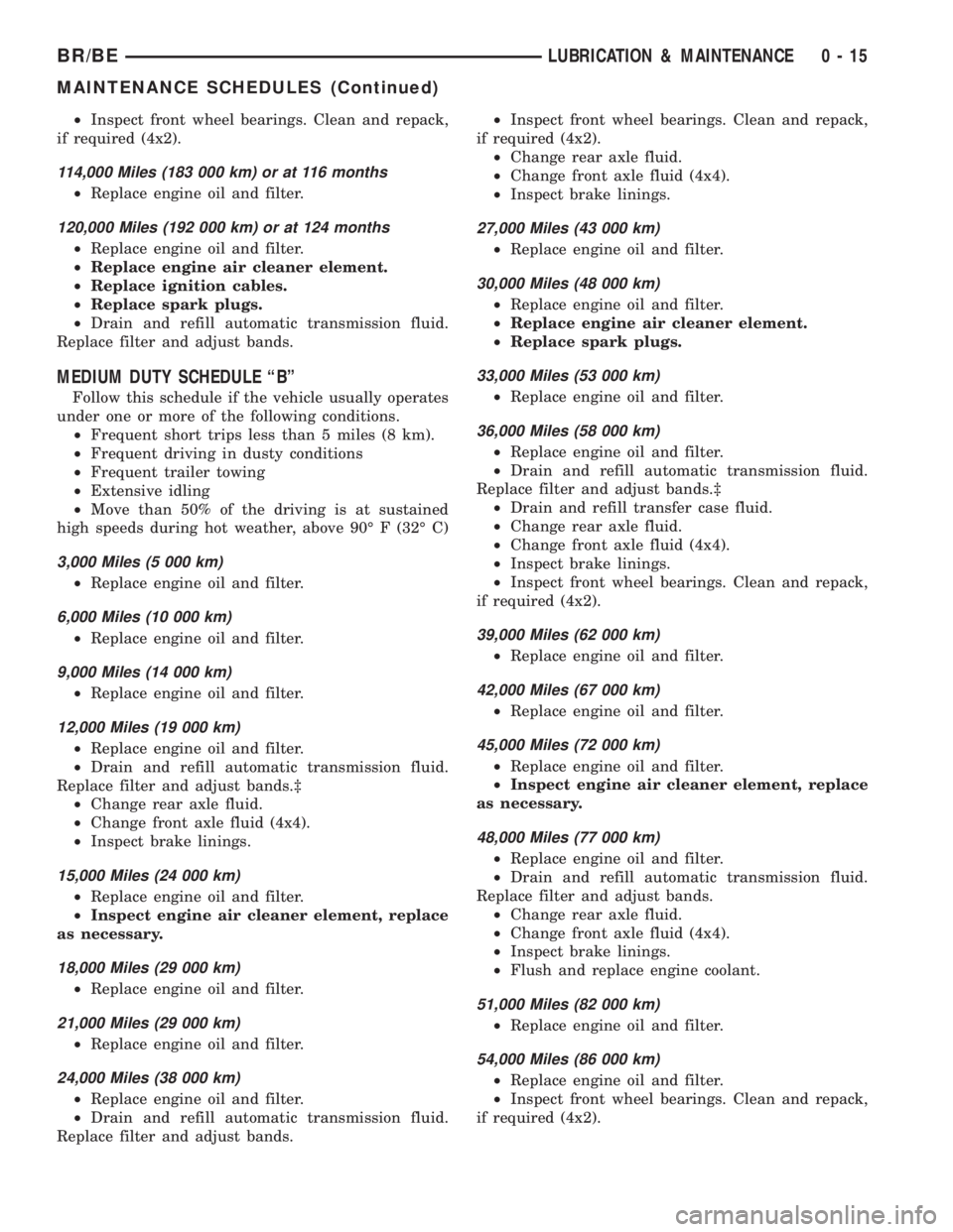 DODGE RAM 2001 Service Repair Manual ²Inspect front wheel bearings. Clean and repack,
if required (4x2).
114,000 Miles (183 000 km) or at 116 months
²Replace engine oil and filter.
120,000 Miles (192 000 km) or at 124 months
²Replace DODGE RAM 2001 Service Repair Manual ²Inspect front wheel bearings. Clean and repack,
if required (4x2).
114,000 Miles (183 000 km) or at 116 months
²Replace engine oil and filter.
120,000 Miles (192 000 km) or at 124 months
²Replace