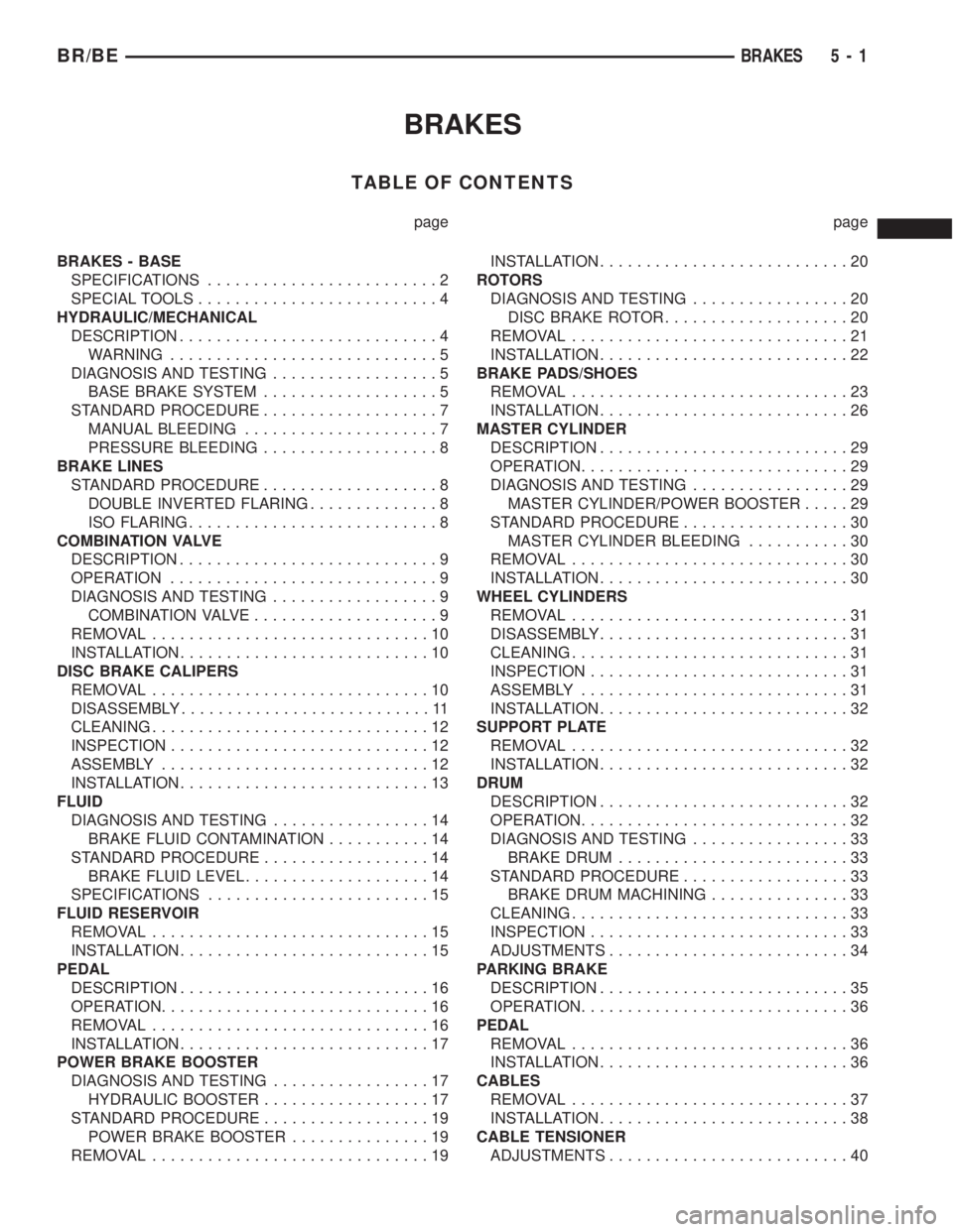 DODGE RAM 2001  Service Repair Manual BRAKES
TABLE OF CONTENTS
page page
BRAKES - BASE
SPECIFICATIONS.........................2
SPECIAL TOOLS..........................4
HYDRAULIC/MECHANICAL
DESCRIPTION............................4
WARNING