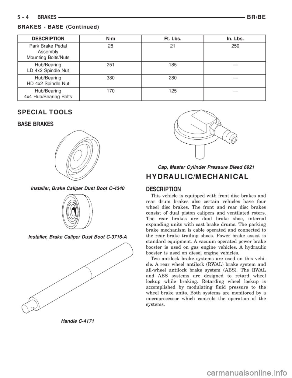 DODGE RAM 2001 Service Repair Manual DESCRIPTION N´m Ft. Lbs. In. Lbs.
Park Brake Pedal
Assembly
Mounting Bolts/Nuts28 21 250
Hub/Bearing
LD 4x2 Spindle Nut251 185 Ð
Hub/Bearing
HD 4x2 Spindle Nut380 280 Ð
Hub/Bearing
4x4 Hub/Bearing DODGE RAM 2001 Service Repair Manual DESCRIPTION N´m Ft. Lbs. In. Lbs.
Park Brake Pedal
Assembly
Mounting Bolts/Nuts28 21 250
Hub/Bearing
LD 4x2 Spindle Nut251 185 Ð
Hub/Bearing
HD 4x2 Spindle Nut380 280 Ð
Hub/Bearing
4x4 Hub/Bearing
