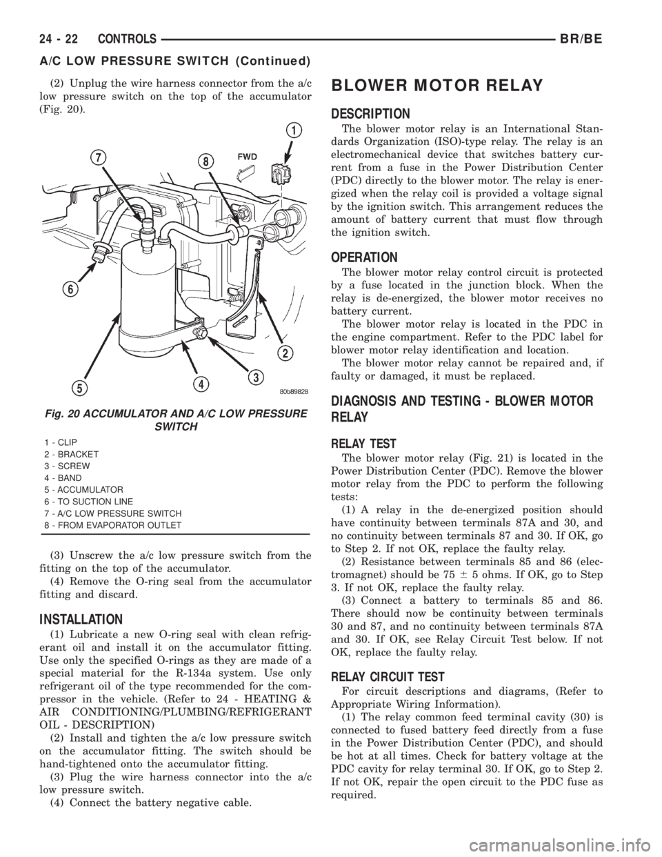 DODGE RAM 2001  Service Repair Manual (2) Unplug the wire harness connector from the a/c
low pressure switch on the top of the accumulator
(Fig. 20).
(3) Unscrew the a/c low pressure switch from the
fitting on the top of the accumulator.
