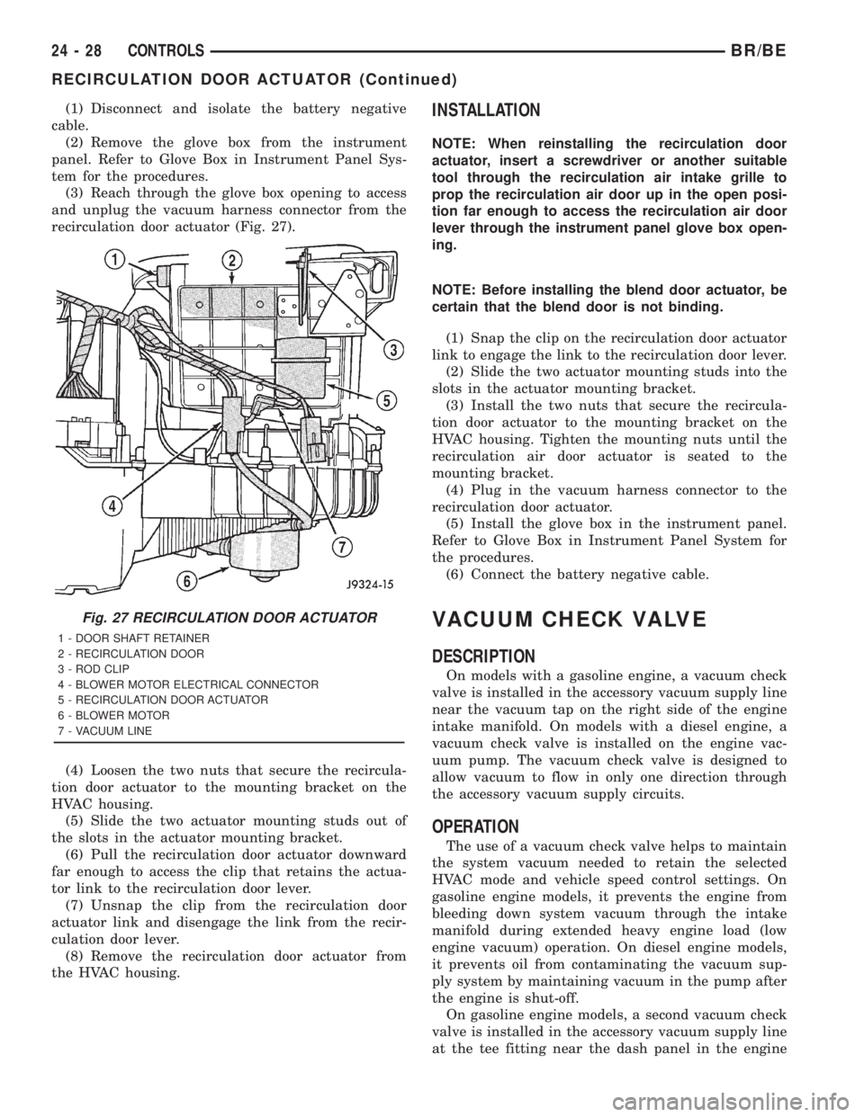 DODGE RAM 2001  Service Repair Manual (1) Disconnect and isolate the battery negative
cable.
(2) Remove the glove box from the instrument
panel. Refer to Glove Box in Instrument Panel Sys-
tem for the procedures.
(3) Reach through the glo