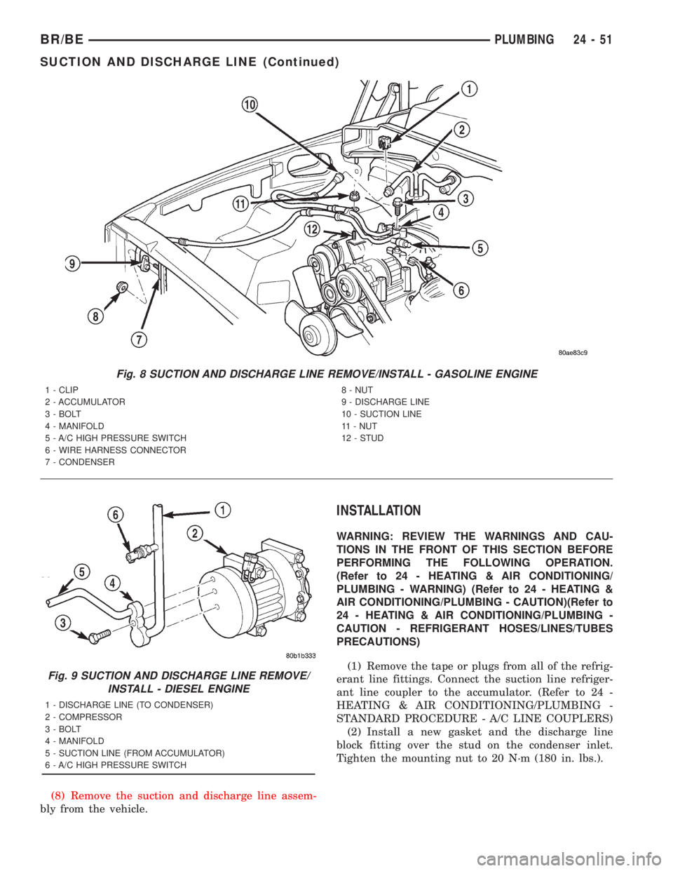 DODGE RAM 2001 Service Repair Manual (8) Remove the suction and discharge line assem-
bly from the vehicle.
INSTALLATION
WARNING: REVIEW THE WARNINGS AND CAU-
TIONS IN THE FRONT OF THIS SECTION BEFORE
PERFORMING THE FOLLOWING OPERATION.
DODGE RAM 2001 Service Repair Manual (8) Remove the suction and discharge line assem-
bly from the vehicle.
INSTALLATION
WARNING: REVIEW THE WARNINGS AND CAU-
TIONS IN THE FRONT OF THIS SECTION BEFORE
PERFORMING THE FOLLOWING OPERATION.