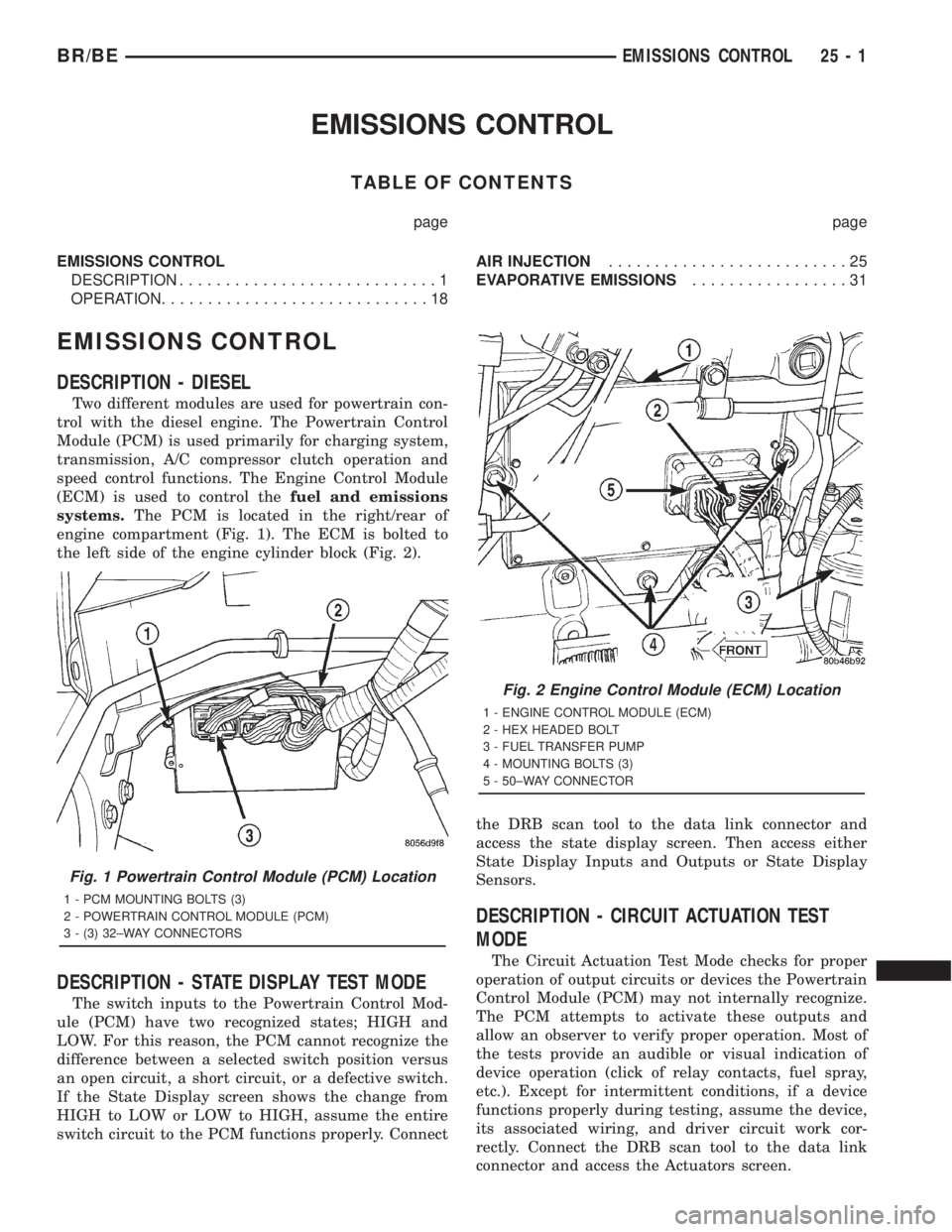 DODGE RAM 2001 Service Repair Manual EMISSIONS CONTROL
TABLE OF CONTENTS
page page
EMISSIONS CONTROL
DESCRIPTION............................1
OPERATION.............................18AIR INJECTION..........................25
EVAPORATIVE E DODGE RAM 2001 Service Repair Manual EMISSIONS CONTROL
TABLE OF CONTENTS
page page
EMISSIONS CONTROL
DESCRIPTION............................1
OPERATION.............................18AIR INJECTION..........................25
EVAPORATIVE E