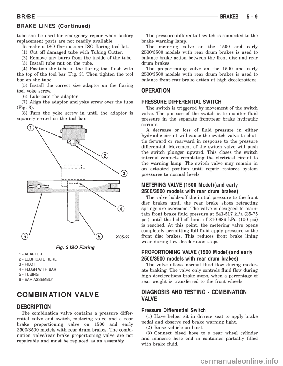 DODGE RAM 2001  Service Repair Manual tube can be used for emergency repair when factory
replacement parts are not readily available.
To make a ISO flare use an ISO flaring tool kit.
(1) Cut off damaged tube with Tubing Cutter.
(2) Remove