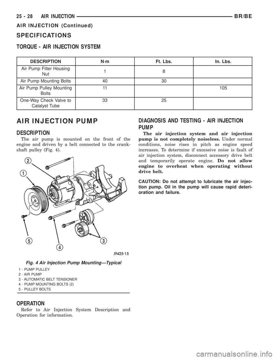 DODGE RAM 2001 Service Repair Manual SPECIFICATIONS
TORQUE - AIR INJECTION SYSTEM
DESCRIPTION N´m Ft. Lbs. In. Lbs.
Air Pump Filter Housing
Nut18
Air Pump Mounting Bolts 40 30
Air Pump Pulley Mounting
Bolts11 105
One-Way Check Valve to
DODGE RAM 2001 Service Repair Manual SPECIFICATIONS
TORQUE - AIR INJECTION SYSTEM
DESCRIPTION N´m Ft. Lbs. In. Lbs.
Air Pump Filter Housing
Nut18
Air Pump Mounting Bolts 40 30
Air Pump Pulley Mounting
Bolts11 105
One-Way Check Valve to