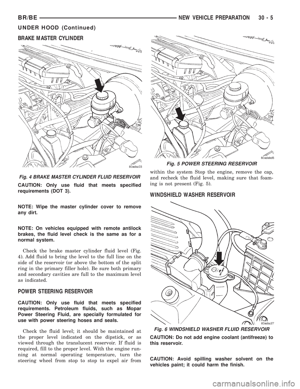 DODGE RAM 2001 Service Repair Manual BRAKE MASTER CYLINDER
CAUTION: Only use fluid that meets specified
requirements (DOT 3).
NOTE: Wipe the master cylinder cover to remove
any dirt.
NOTE: On vehicles equipped with remote antilock
brakes DODGE RAM 2001 Service Repair Manual BRAKE MASTER CYLINDER
CAUTION: Only use fluid that meets specified
requirements (DOT 3).
NOTE: Wipe the master cylinder cover to remove
any dirt.
NOTE: On vehicles equipped with remote antilock
brakes