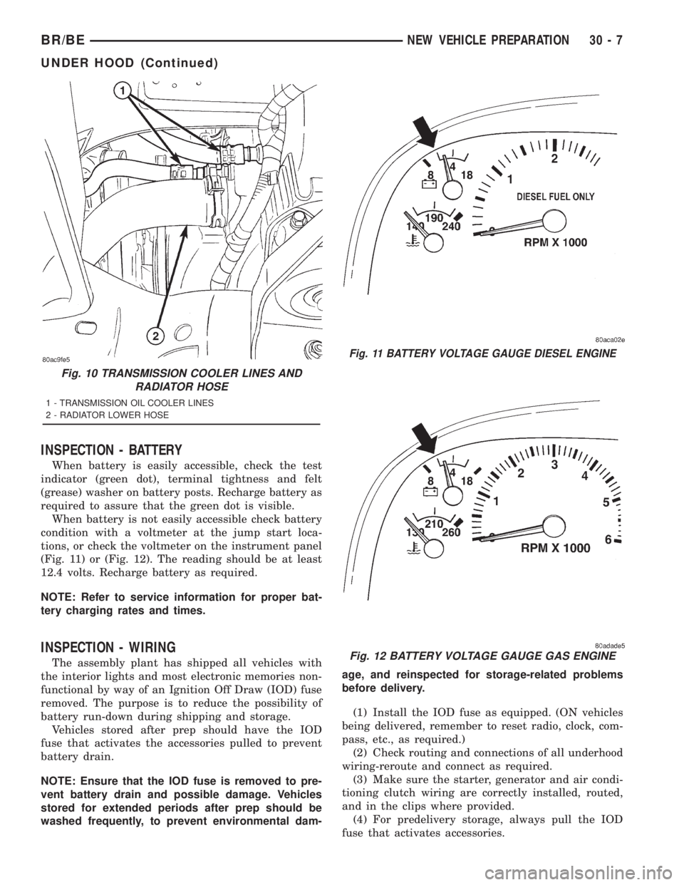 DODGE RAM 2001 Service Repair Manual INSPECTION - BATTERY
When battery is easily accessible, check the test
indicator (green dot), terminal tightness and felt
(grease) washer on battery posts. Recharge battery as
required to assure that DODGE RAM 2001 Service Repair Manual INSPECTION - BATTERY
When battery is easily accessible, check the test
indicator (green dot), terminal tightness and felt
(grease) washer on battery posts. Recharge battery as
required to assure that