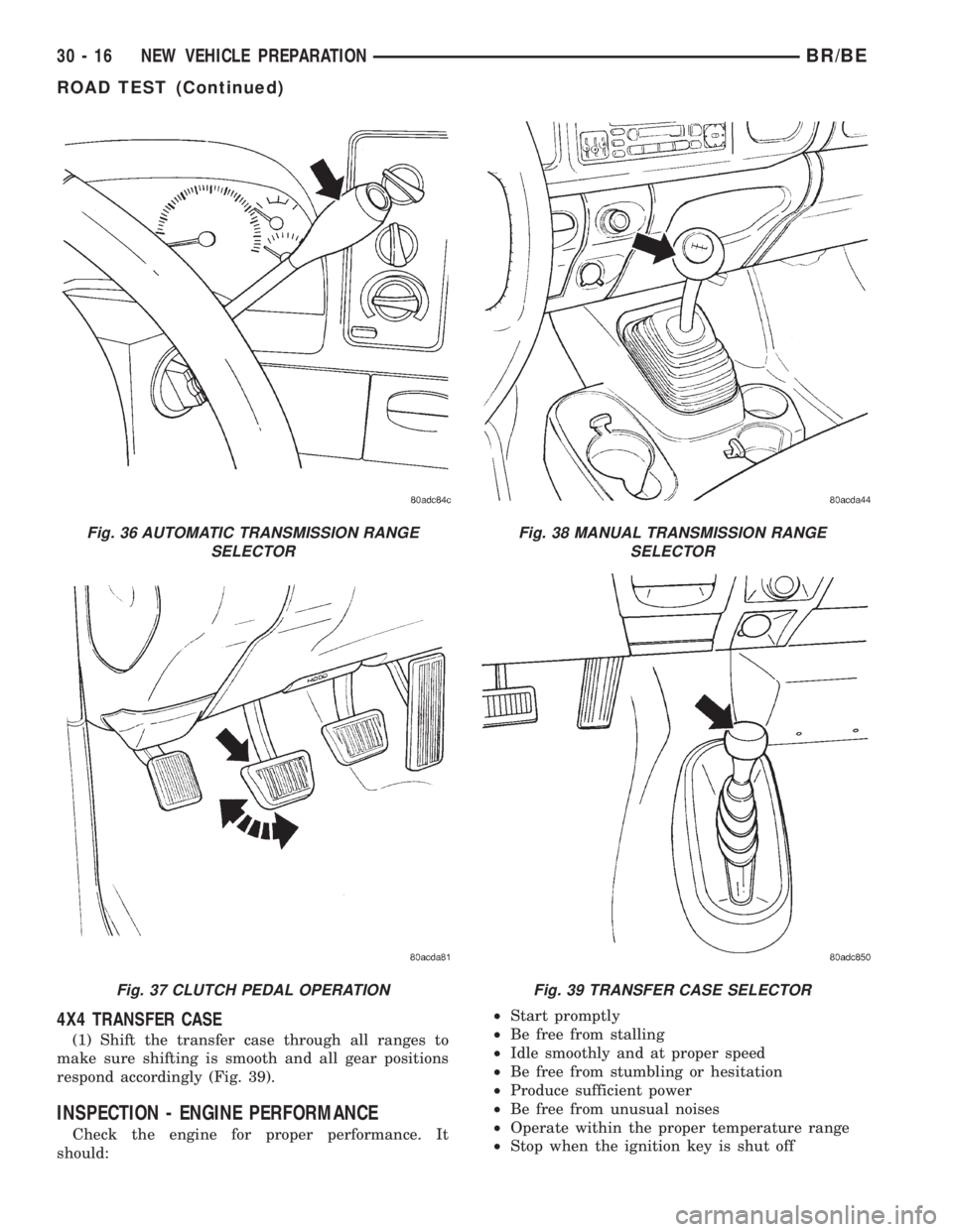 DODGE RAM 2001 Service Repair Manual 4X4 TRANSFER CASE
(1) Shift the transfer case through all ranges to
make sure shifting is smooth and all gear positions
respond accordingly (Fig. 39).
INSPECTION - ENGINE PERFORMANCE
Check the engine DODGE RAM 2001 Service Repair Manual 4X4 TRANSFER CASE
(1) Shift the transfer case through all ranges to
make sure shifting is smooth and all gear positions
respond accordingly (Fig. 39).
INSPECTION - ENGINE PERFORMANCE
Check the engine