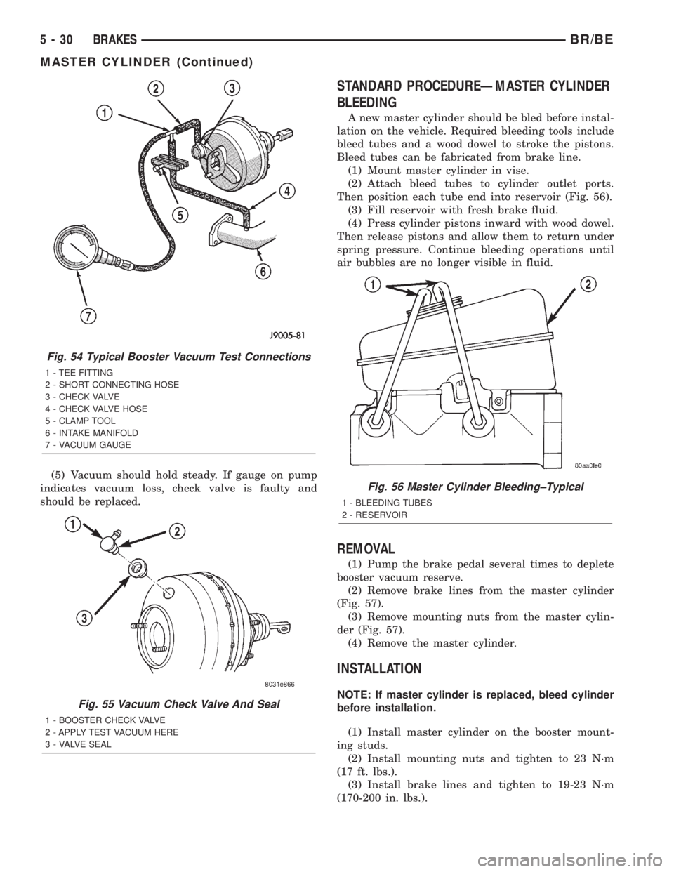 DODGE RAM 2001  Service Repair Manual (5) Vacuum should hold steady. If gauge on pump
indicates vacuum loss, check valve is faulty and
should be replaced.
STANDARD PROCEDUREÐMASTER CYLINDER
BLEEDING
A new master cylinder should be bled b
