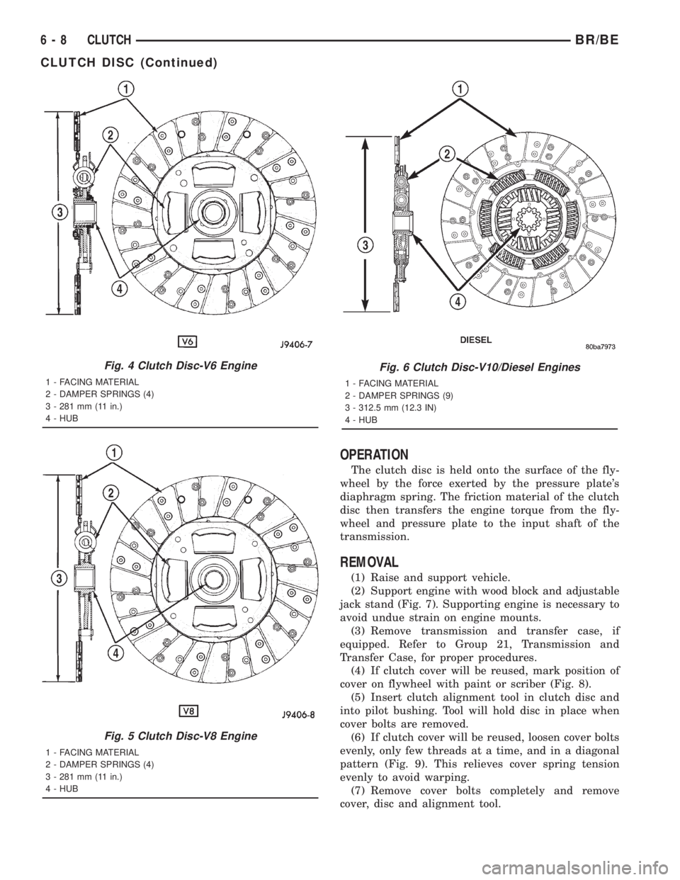 DODGE RAM 2001 Service Repair Manual OPERATION
The clutch disc is held onto the surface of the fly-
wheel by the force exerted by the pressure plates
diaphragm spring. The friction material of the clutch
disc then transfers the engine t DODGE RAM 2001 Service Repair Manual OPERATION
The clutch disc is held onto the surface of the fly-
wheel by the force exerted by the pressure plates
diaphragm spring. The friction material of the clutch
disc then transfers the engine t