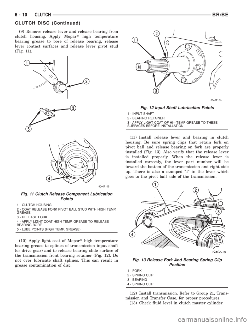 DODGE RAM 2001 Service Repair Manual (9) Remove release lever and release bearing from
clutch housing. Apply Moparthigh temperature
bearing grease to bore of release bearing, release
lever contact surfaces and release lever pivot stud
(F DODGE RAM 2001 Service Repair Manual (9) Remove release lever and release bearing from
clutch housing. Apply Moparthigh temperature
bearing grease to bore of release bearing, release
lever contact surfaces and release lever pivot stud
(F