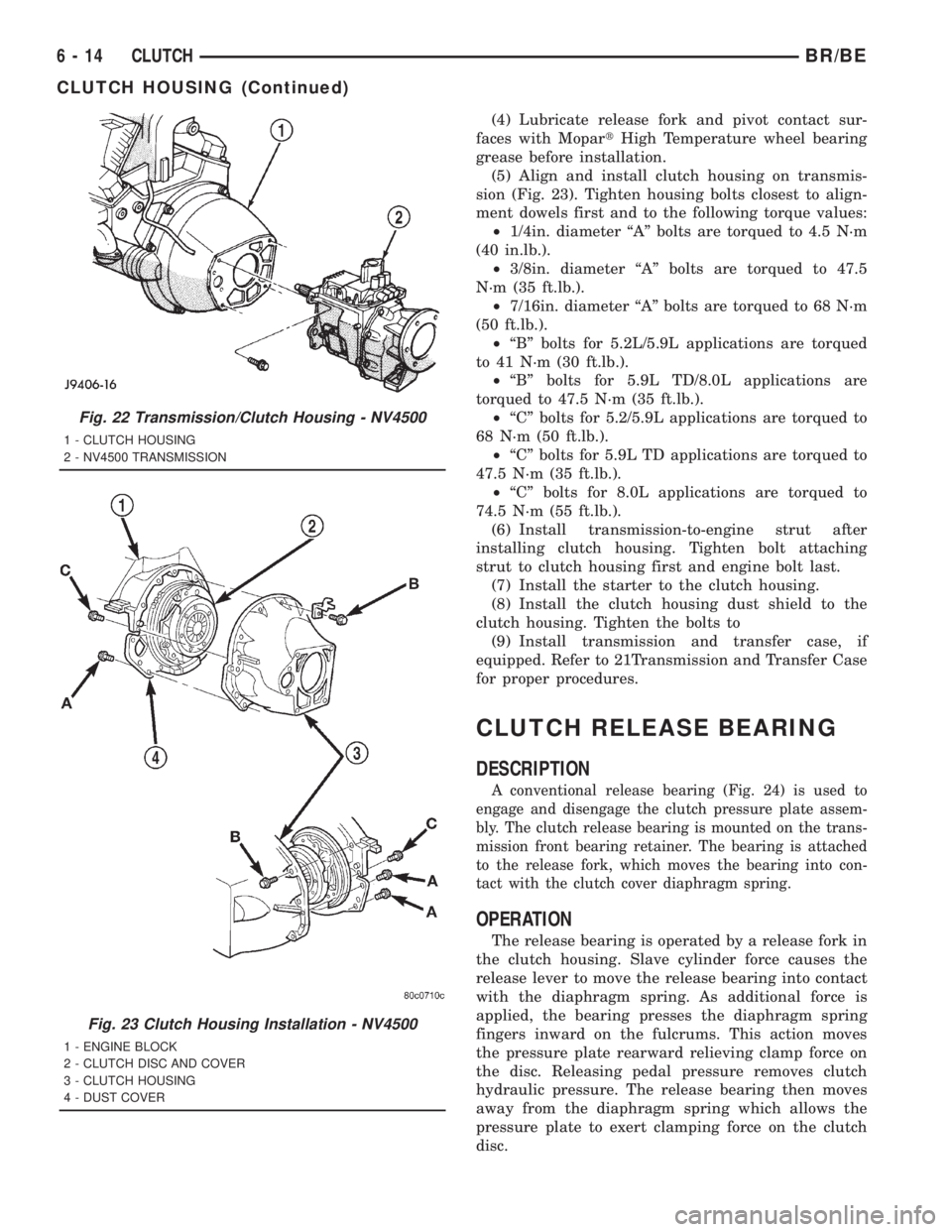 DODGE RAM 2001 Service Repair Manual (4) Lubricate release fork and pivot contact sur-
faces with MopartHigh Temperature wheel bearing
grease before installation.
(5) Align and install clutch housing on transmis-
sion (Fig. 23). Tighten DODGE RAM 2001 Service Repair Manual (4) Lubricate release fork and pivot contact sur-
faces with MopartHigh Temperature wheel bearing
grease before installation.
(5) Align and install clutch housing on transmis-
sion (Fig. 23). Tighten