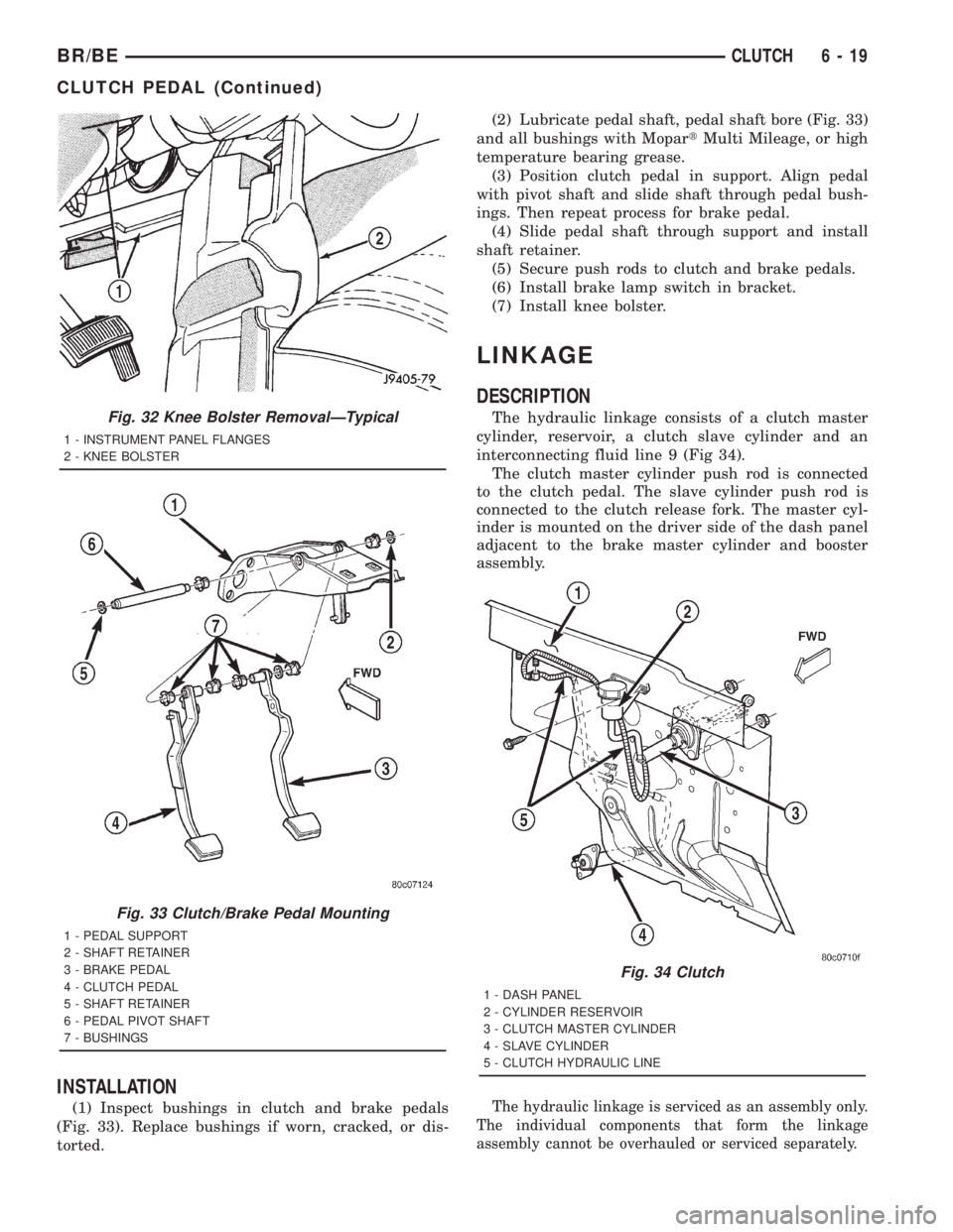 DODGE RAM 2001 Service Repair Manual INSTALLATION
(1) Inspect bushings in clutch and brake pedals
(Fig. 33). Replace bushings if worn, cracked, or dis-
torted.(2) Lubricate pedal shaft, pedal shaft bore (Fig. 33)
and all bushings with Mo DODGE RAM 2001 Service Repair Manual INSTALLATION
(1) Inspect bushings in clutch and brake pedals
(Fig. 33). Replace bushings if worn, cracked, or dis-
torted.(2) Lubricate pedal shaft, pedal shaft bore (Fig. 33)
and all bushings with Mo