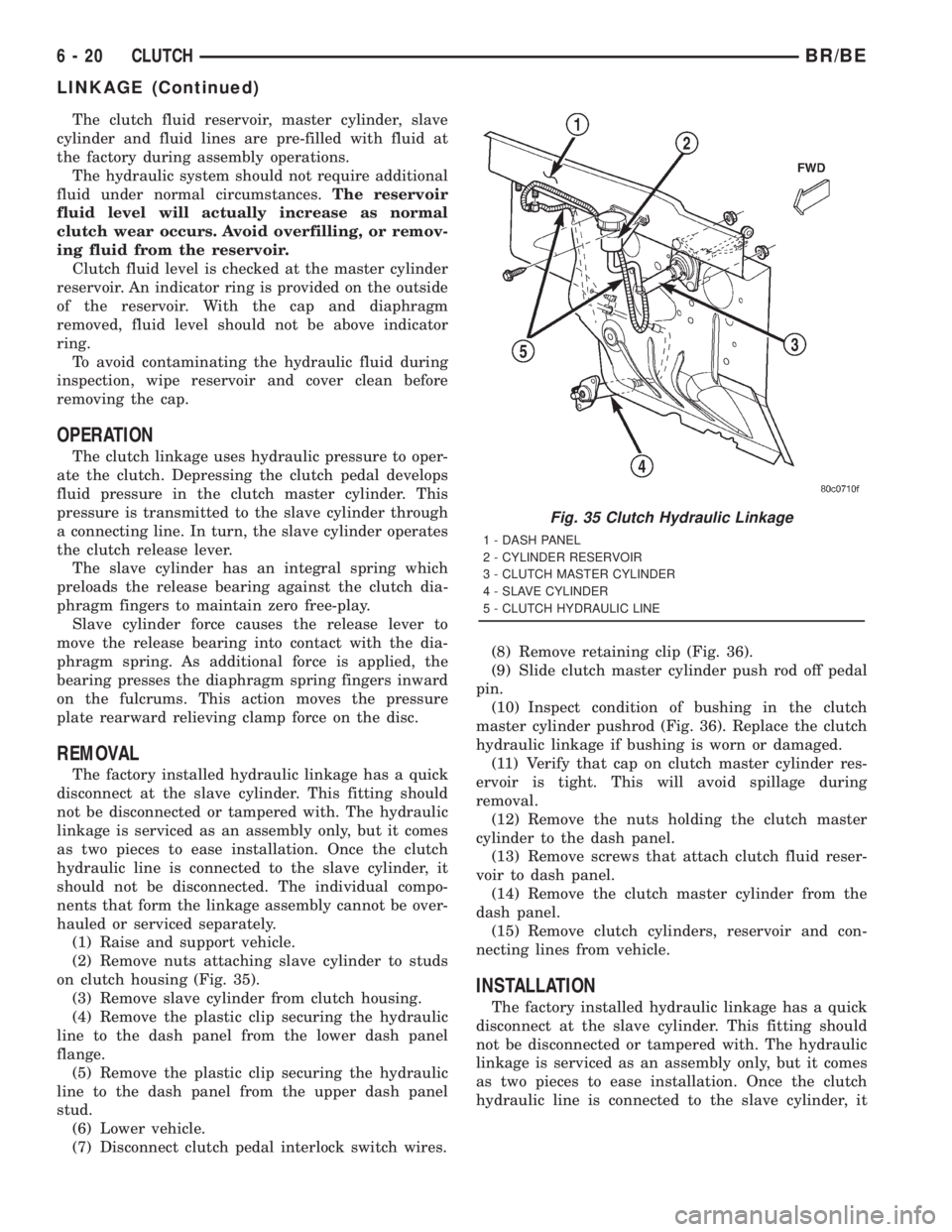 DODGE RAM 2001 Service Repair Manual The clutch fluid reservoir, master cylinder, slave
cylinder and fluid lines are pre-filled with fluid at
the factory during assembly operations.
The hydraulic system should not require additional
flui DODGE RAM 2001 Service Repair Manual The clutch fluid reservoir, master cylinder, slave
cylinder and fluid lines are pre-filled with fluid at
the factory during assembly operations.
The hydraulic system should not require additional
flui