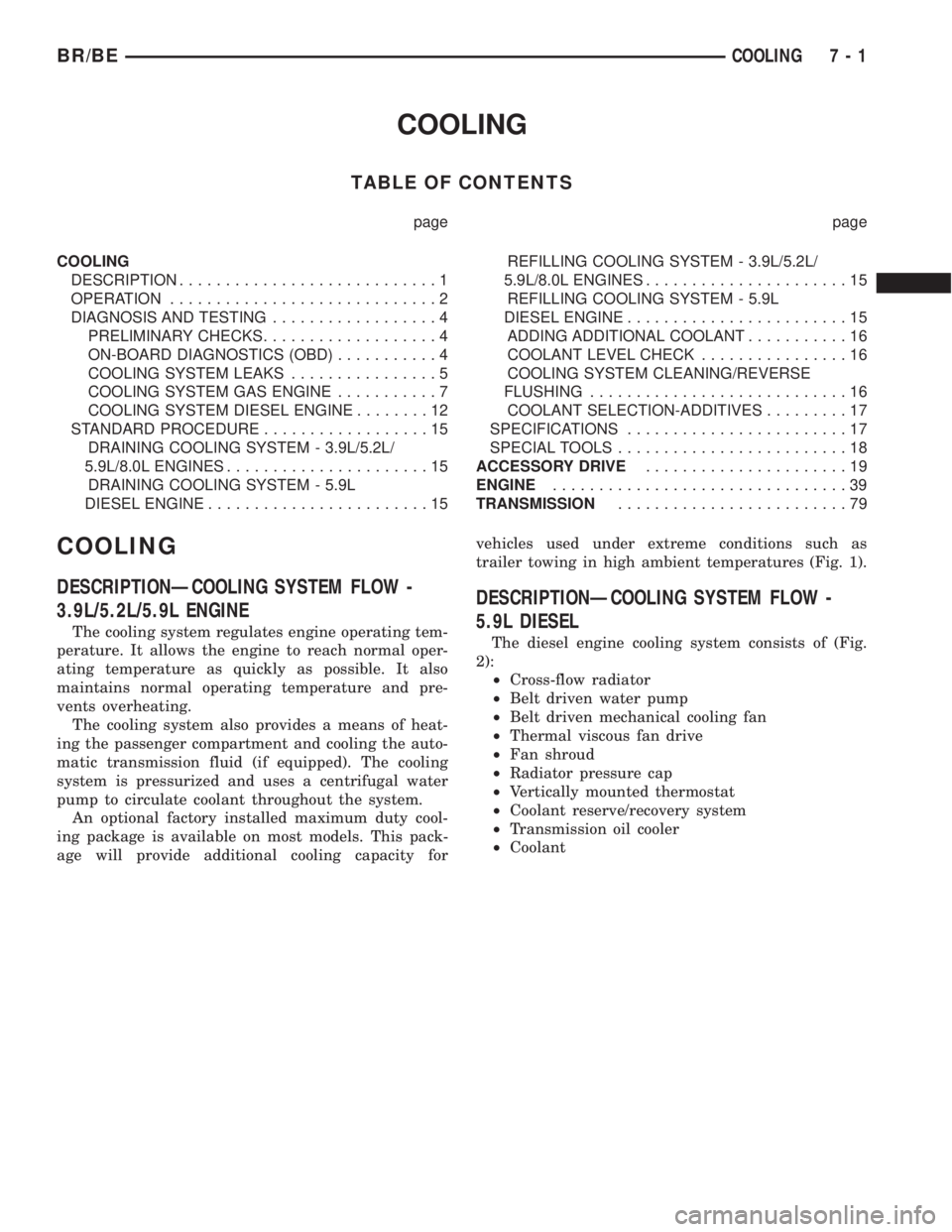 DODGE RAM 2001 Service Repair Manual COOLING
TABLE OF CONTENTS
page page
COOLING
DESCRIPTION............................1
OPERATION.............................2
DIAGNOSIS AND TESTING..................4
PRELIMINARY CHECKS................ DODGE RAM 2001 Service Repair Manual COOLING
TABLE OF CONTENTS
page page
COOLING
DESCRIPTION............................1
OPERATION.............................2
DIAGNOSIS AND TESTING..................4
PRELIMINARY CHECKS................