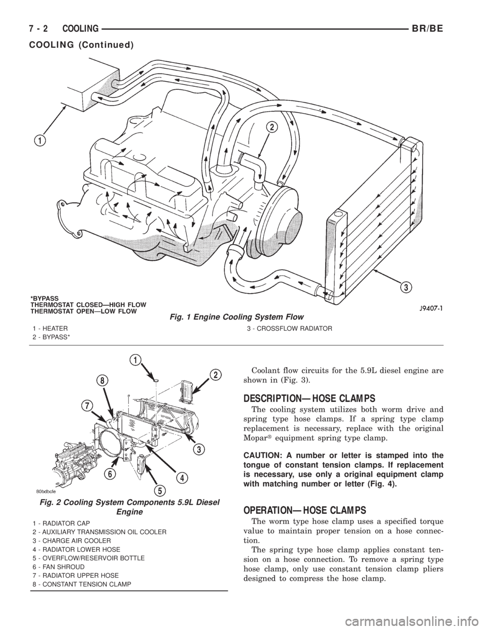 DODGE RAM 2001 Service Repair Manual Coolant flow circuits for the 5.9L diesel engine are
shown in (Fig. 3).
DESCRIPTIONÐHOSE CLAMPS
The cooling system utilizes both worm drive and
spring type hose clamps. If a spring type clamp
replace DODGE RAM 2001 Service Repair Manual Coolant flow circuits for the 5.9L diesel engine are
shown in (Fig. 3).
DESCRIPTIONÐHOSE CLAMPS
The cooling system utilizes both worm drive and
spring type hose clamps. If a spring type clamp
replace