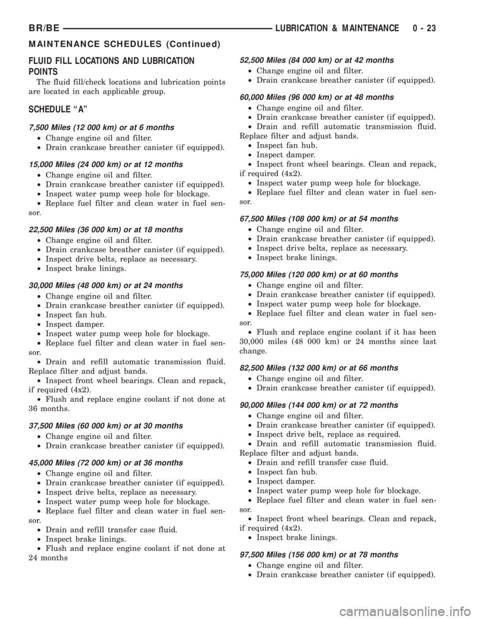 DODGE RAM 2001 Service Repair Manual FLUID FILL LOCATIONS AND LUBRICATION
POINTS
The fluid fill/check locations and lubrication points
are located in each applicable group.
SCHEDULE ªAº
7,500 Miles (12 000 km) or at 6 months
²Change e DODGE RAM 2001 Service Repair Manual FLUID FILL LOCATIONS AND LUBRICATION
POINTS
The fluid fill/check locations and lubrication points
are located in each applicable group.
SCHEDULE ªAº
7,500 Miles (12 000 km) or at 6 months
²Change e