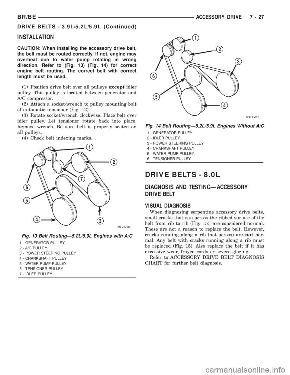 DODGE RAM 2001 Service Repair Manual INSTALLATION
CAUTION: When installing the accessory drive belt,
the belt must be routed correctly. If not, engine may
overheat due to water pump rotating in wrong
direction. Refer to (Fig. 13) (Fig. 1 DODGE RAM 2001 Service Repair Manual INSTALLATION
CAUTION: When installing the accessory drive belt,
the belt must be routed correctly. If not, engine may
overheat due to water pump rotating in wrong
direction. Refer to (Fig. 13) (Fig. 1