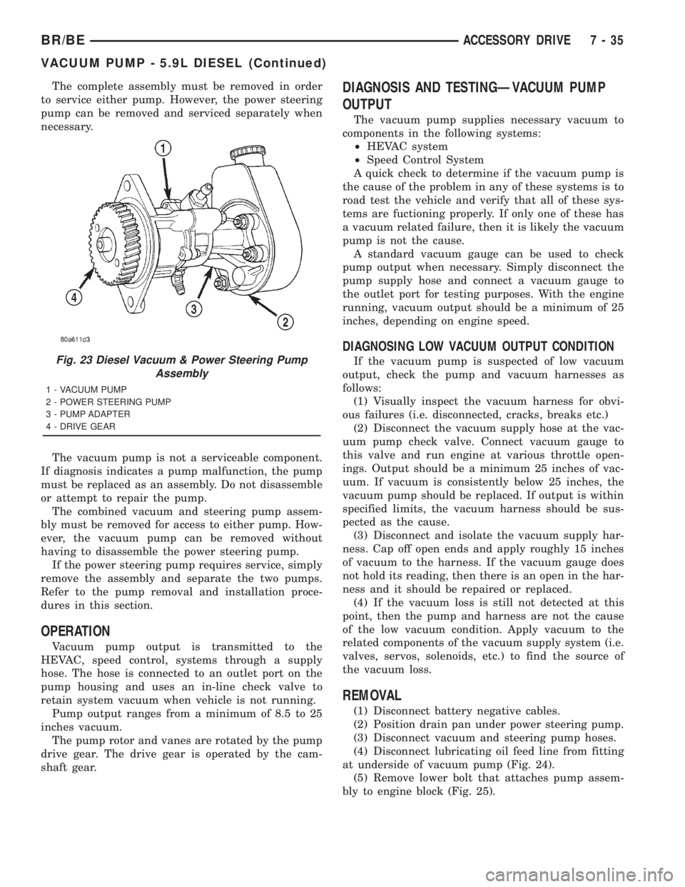 DODGE RAM 2001 Service Repair Manual The complete assembly must be removed in order
to service either pump. However, the power steering
pump can be removed and serviced separately when
necessary.
The vacuum pump is not a serviceable comp DODGE RAM 2001 Service Repair Manual The complete assembly must be removed in order
to service either pump. However, the power steering
pump can be removed and serviced separately when
necessary.
The vacuum pump is not a serviceable comp