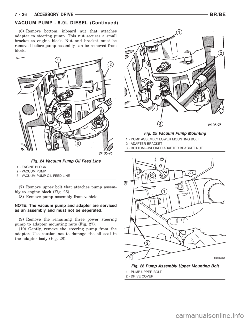 DODGE RAM 2001 Service Repair Manual (6) Remove bottom, inboard nut that attaches
adapter to steering pump. This nut secures a small
bracket to engine block. Nut and bracket must be
removed before pump assembly can be removed from
block. DODGE RAM 2001 Service Repair Manual (6) Remove bottom, inboard nut that attaches
adapter to steering pump. This nut secures a small
bracket to engine block. Nut and bracket must be
removed before pump assembly can be removed from
block.