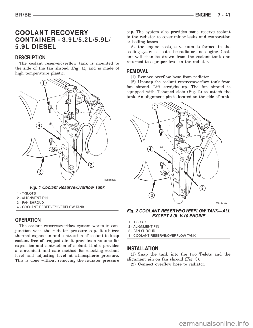 DODGE RAM 2001  Service Repair Manual COOLANT RECOVERY
CONTAINER - 3.9L/5.2L/5.9L/
5.9L DIESEL
DESCRIPTION
The coolant reserve/overflow tank is mounted to
the side of the fan shroud (Fig. 1), and is made of
high temperature plastic.
OPERA