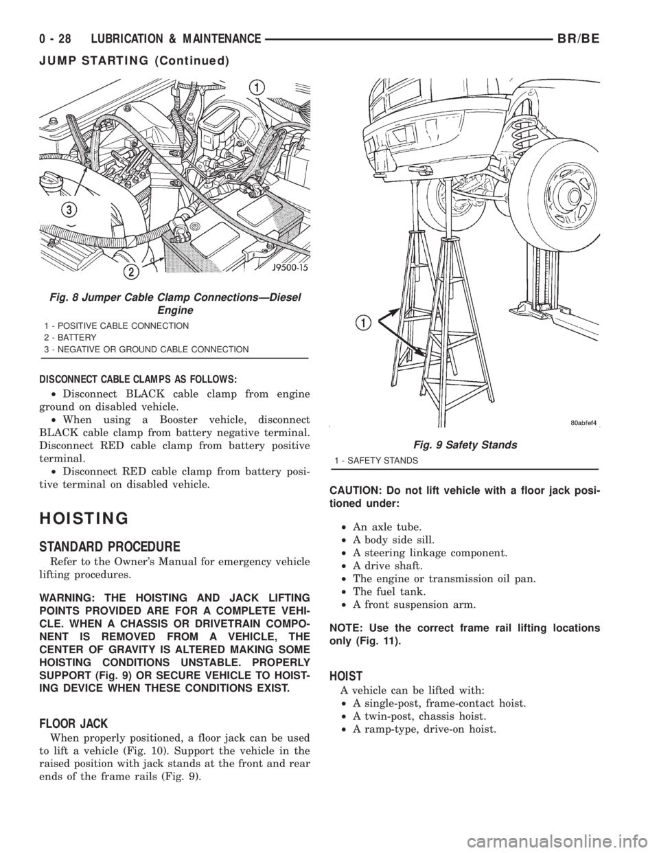 DODGE RAM 2001 Service Service Manual DISCONNECT CABLE CLAMPS AS FOLLOWS:
²Disconnect BLACK cable clamp from engine
ground on disabled vehicle.
²When using a Booster vehicle, disconnect
BLACK cable clamp from battery negative terminal.
DODGE RAM 2001 Service Service Manual DISCONNECT CABLE CLAMPS AS FOLLOWS:
²Disconnect BLACK cable clamp from engine
ground on disabled vehicle.
²When using a Booster vehicle, disconnect
BLACK cable clamp from battery negative terminal.